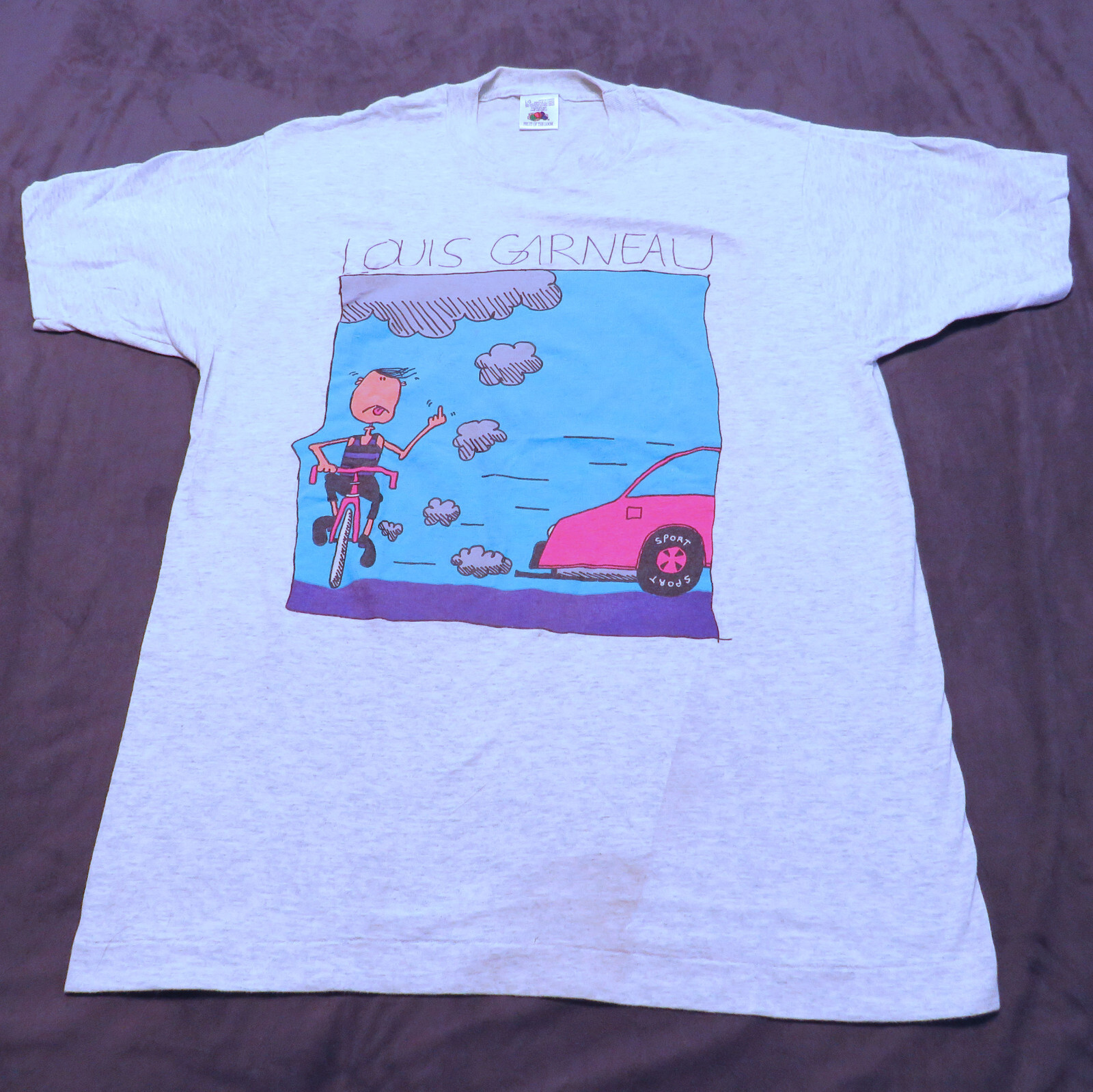1980s Louis Garneau Biking Single Stitch T-Shirt Tee Size Large Gray Finger Up