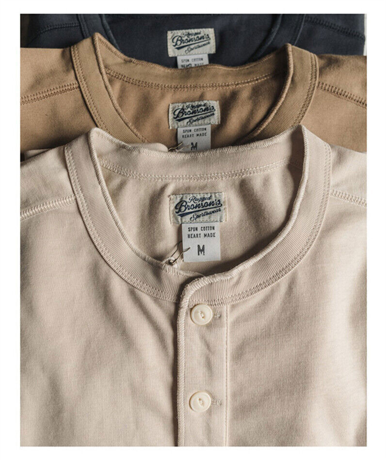 Bronson Henley T-Shirt Men Heavyweight Cotton T-Shirts Short Sleeve Basic Tee