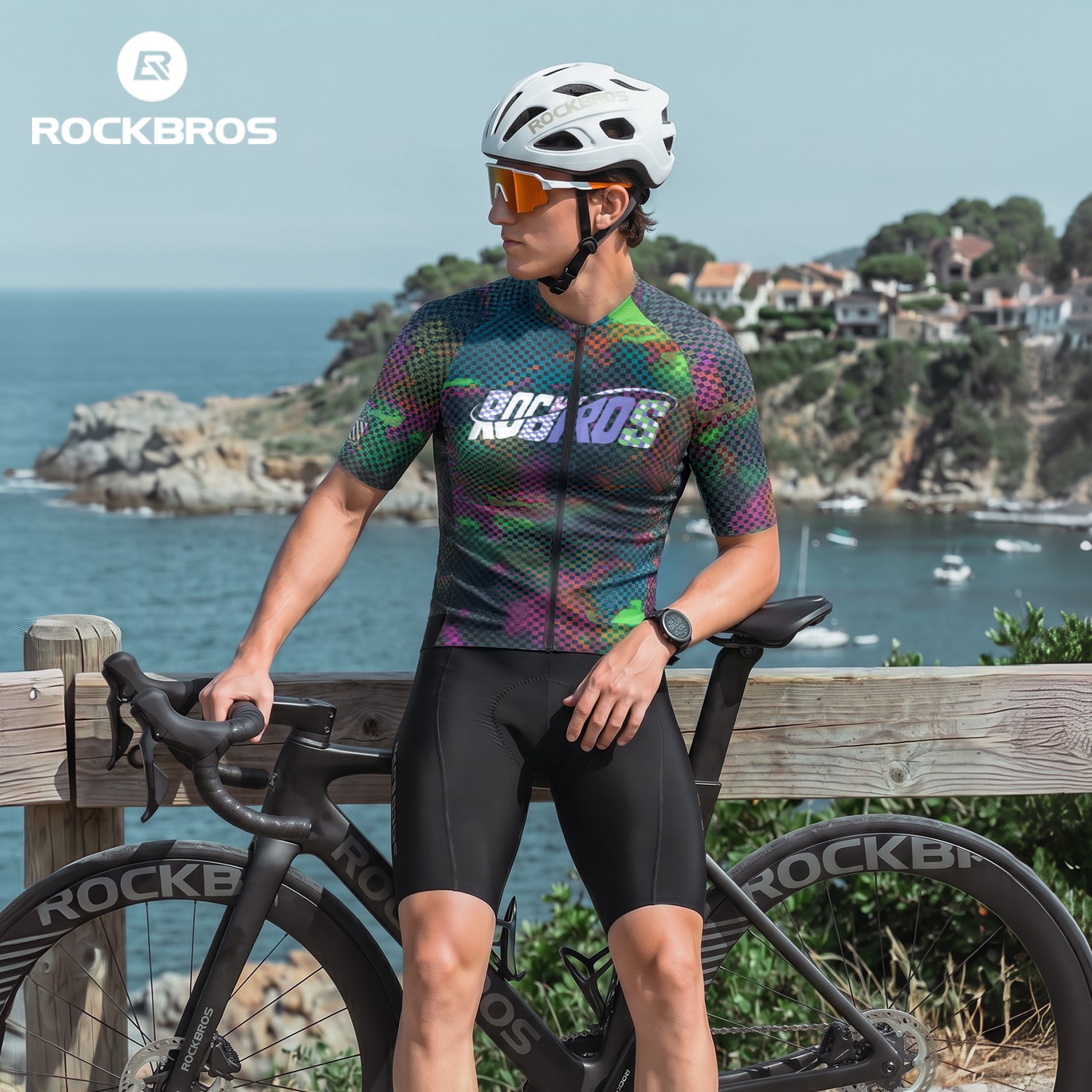 ROCKBROS Men’s Short Sleeve Cycling Jersey Pixel Print Breathable Quick Dry