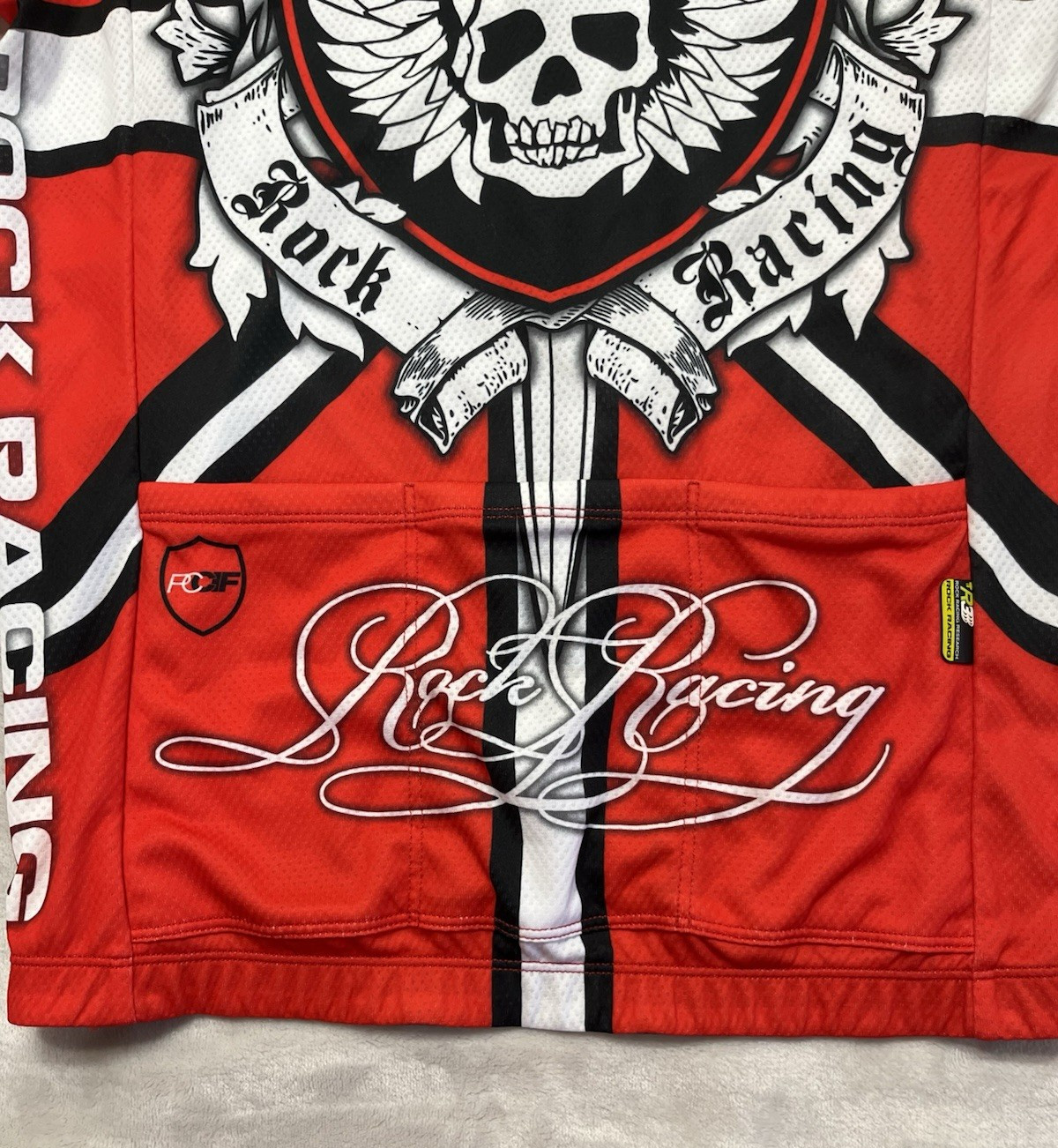 Rock Racing Cycling Jersey Men Large Red Black Skulls Full Zip Cadillac made USA