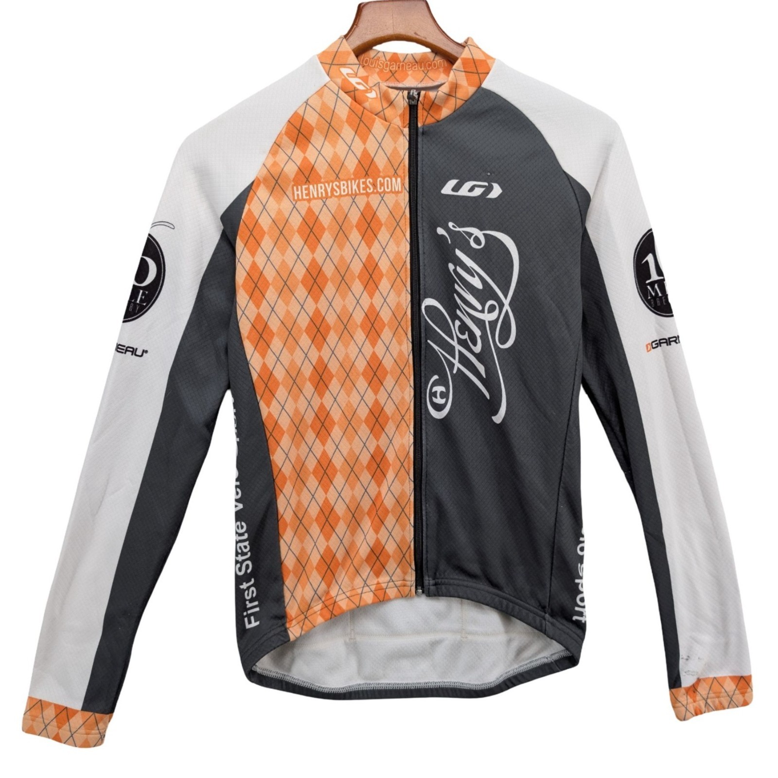 Louis Garneau Cycling Shirt Mens Orange Multi Full Zip Mock Neck Pockets Size M