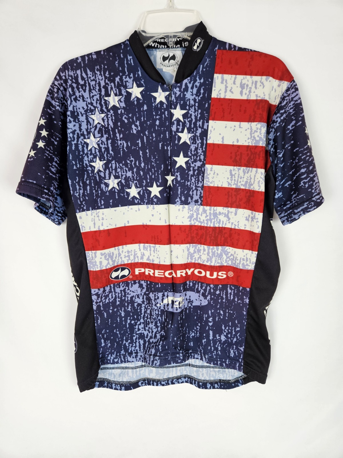 Precaryous Men’s L 42 Inch Chest Cycling Jersey USA Flag Theme Pockets Stretch