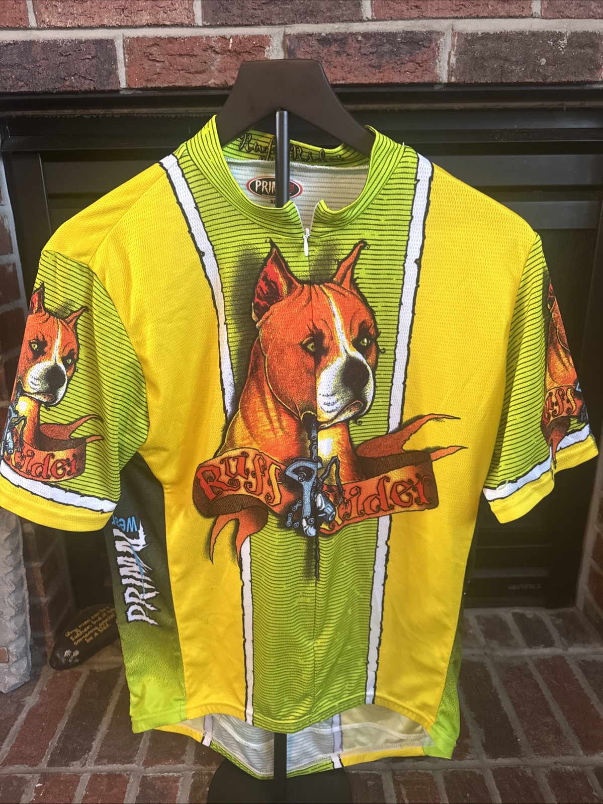 Primal Wear Ruff Rider Cycling Jersey Womens Large Pit Bull Dog Yellow Green XL