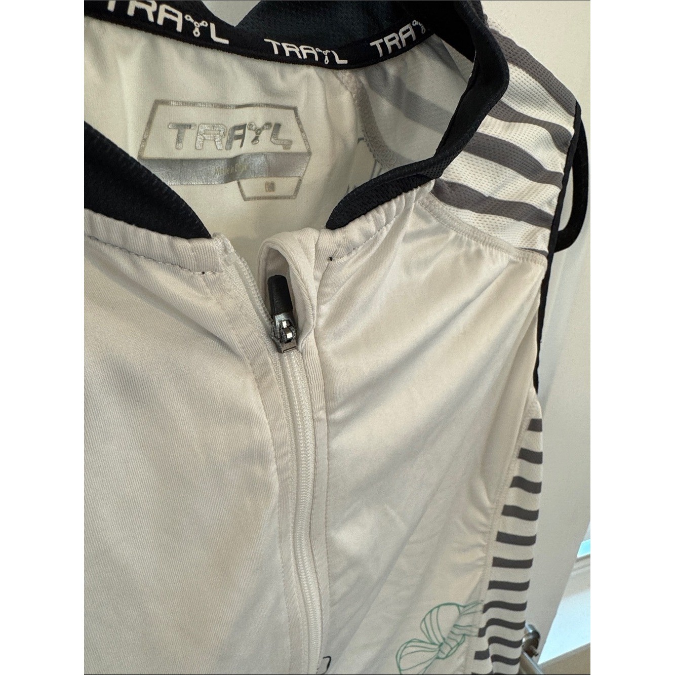 Sleeveless Floral Zip Cycling Jersey White Teal Black Accents Sporty Top