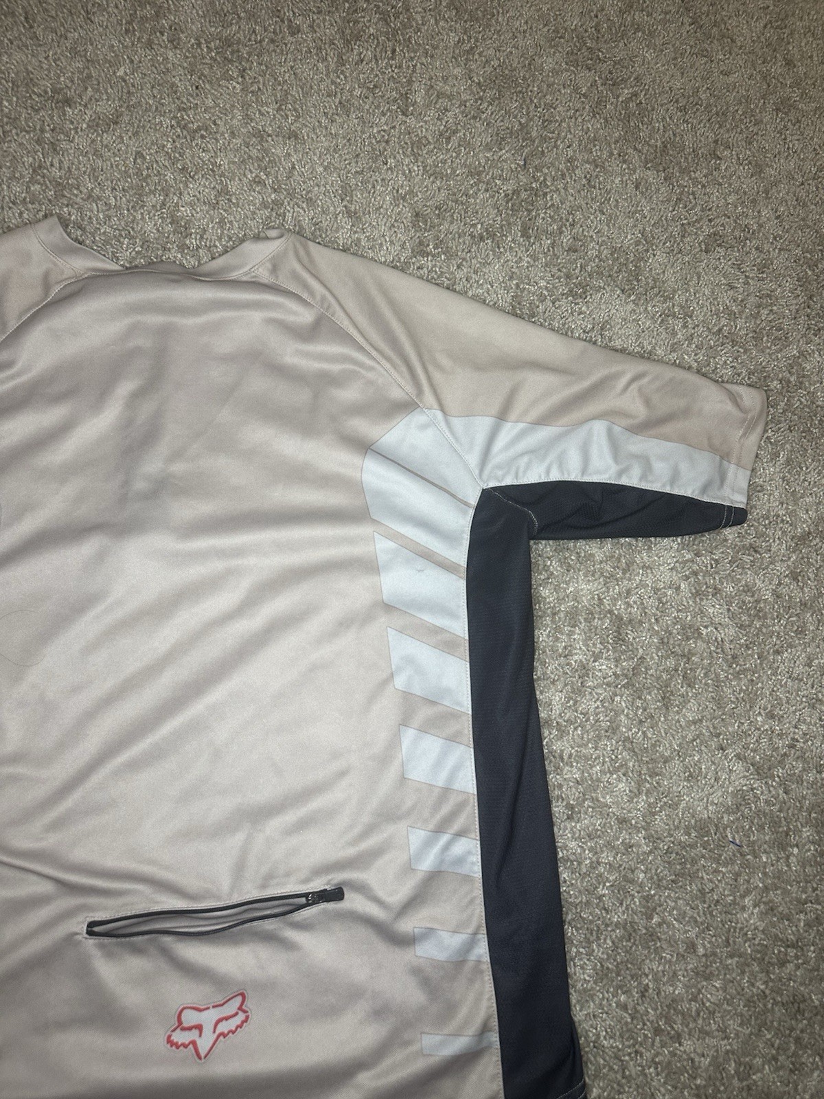 Vintage Fox Racing Cycling Jersey Mens L Tan Grey White 1/4 Zip Rear Pocket