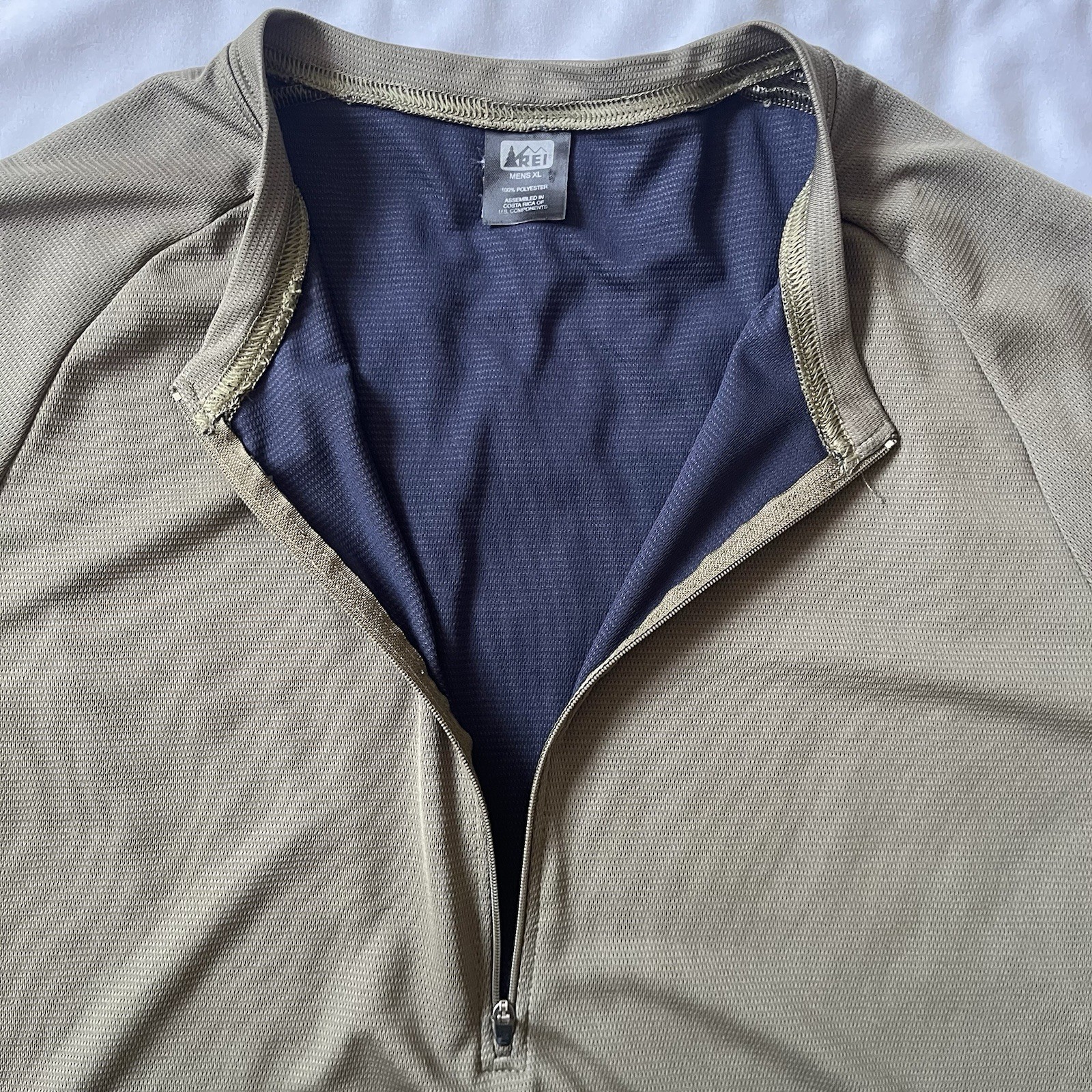 REI Co Op Cycling Jersey Half Zip Men XL Short Sleeve Back Zip Pocket Olive Blue