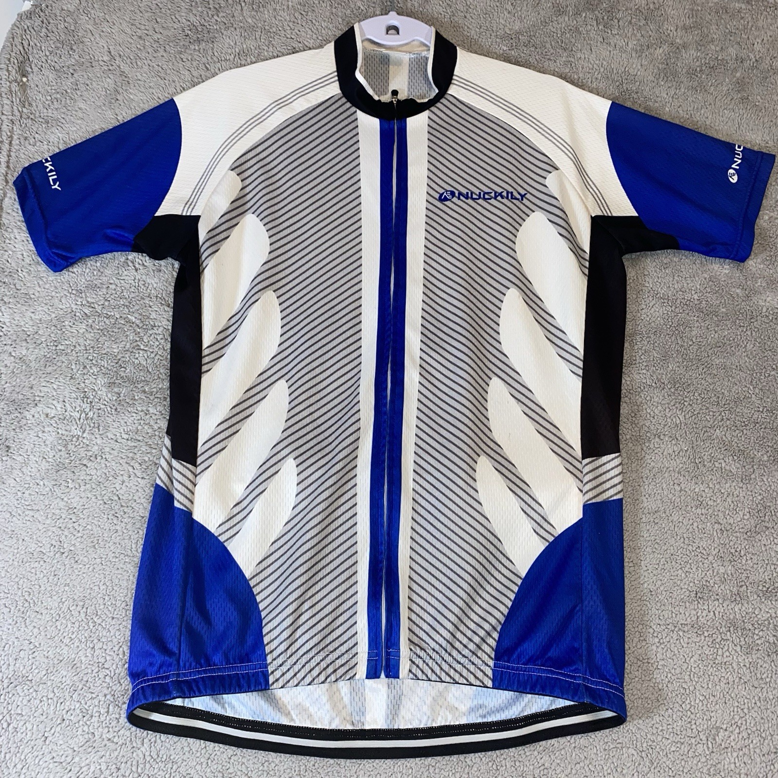 NUCKILY Men’s Cycling Jersey Lot 2 Large Blue Red Short Sleeve Full Zip Race Fit