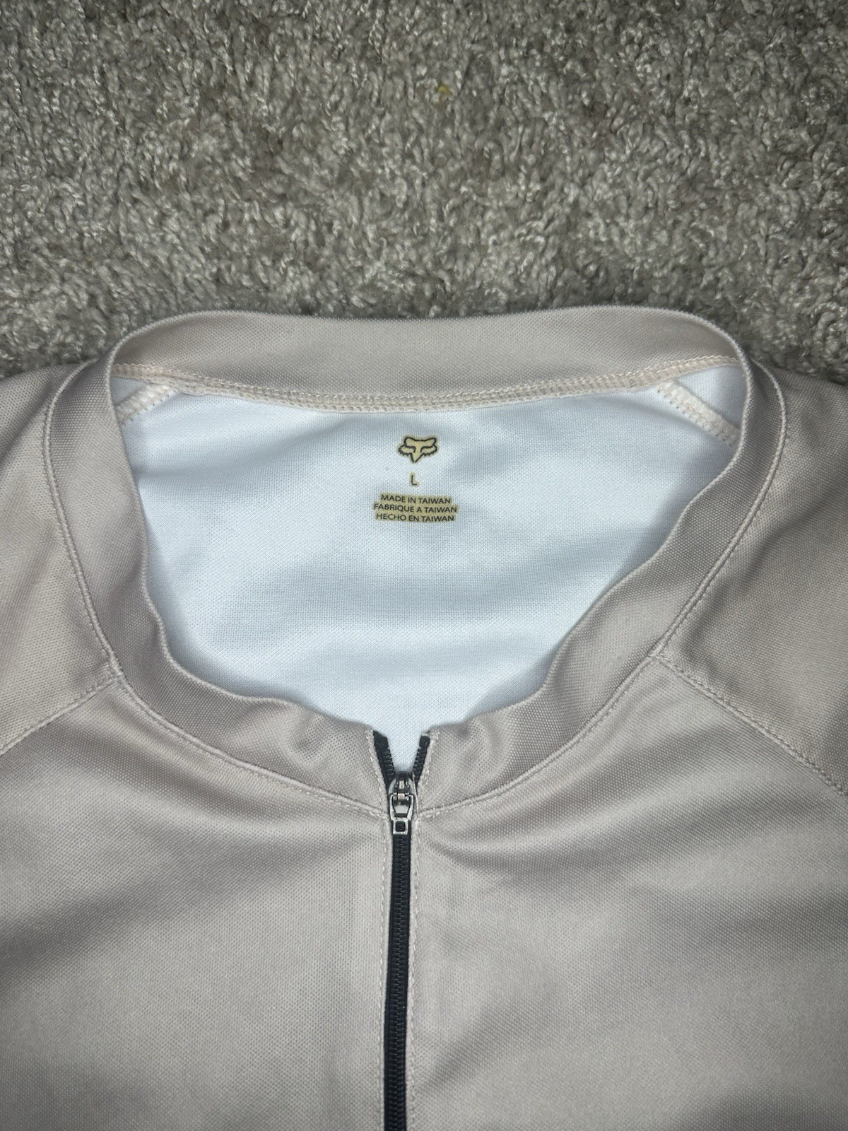 Vintage Fox Racing Cycling Jersey Mens L Tan Grey White 1/4 Zip Rear Pocket