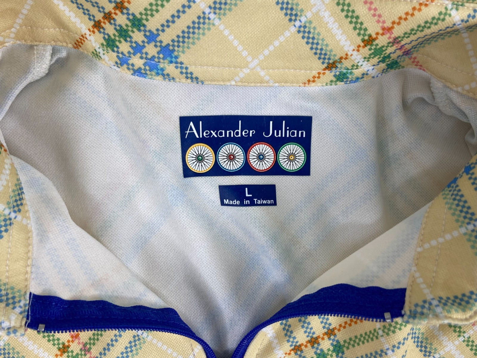 Alexander Julian Men Large Yellow Plaid Cycling Shirt 1/4 Zip Back Pockets