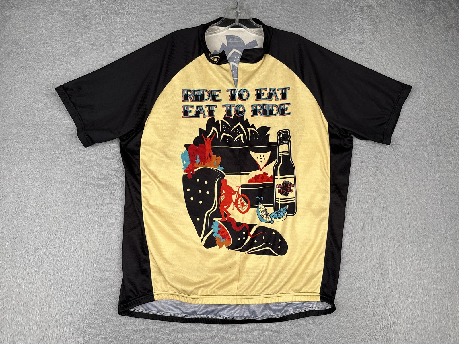 Performance Cycling Jersey Shirt Mens 2XL XXL Yellow Ride To Eat Eat To Ride