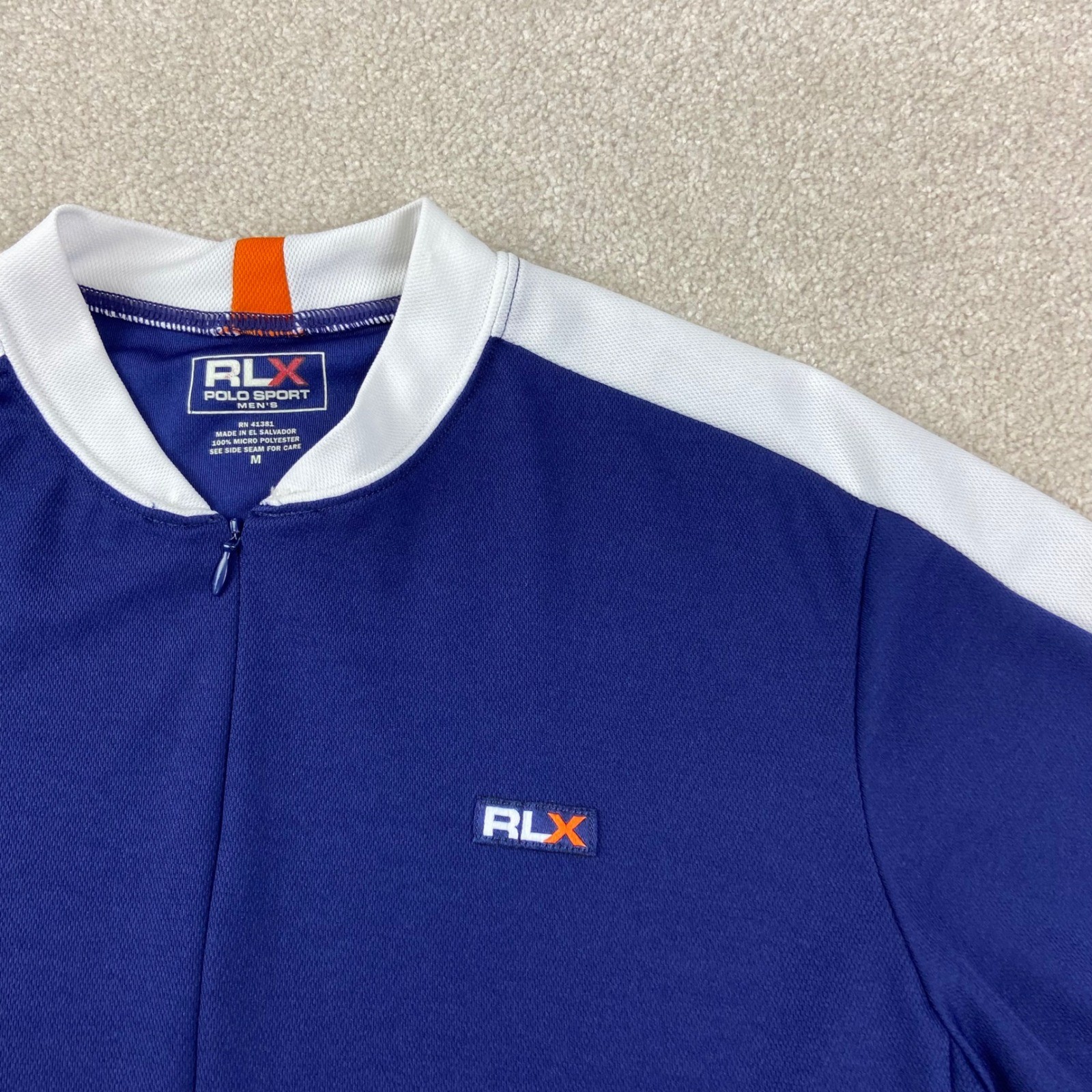 RLX Polo Sport Cycling Jersey Mens Medium Blue White Quarter Zip Bike Shirt
