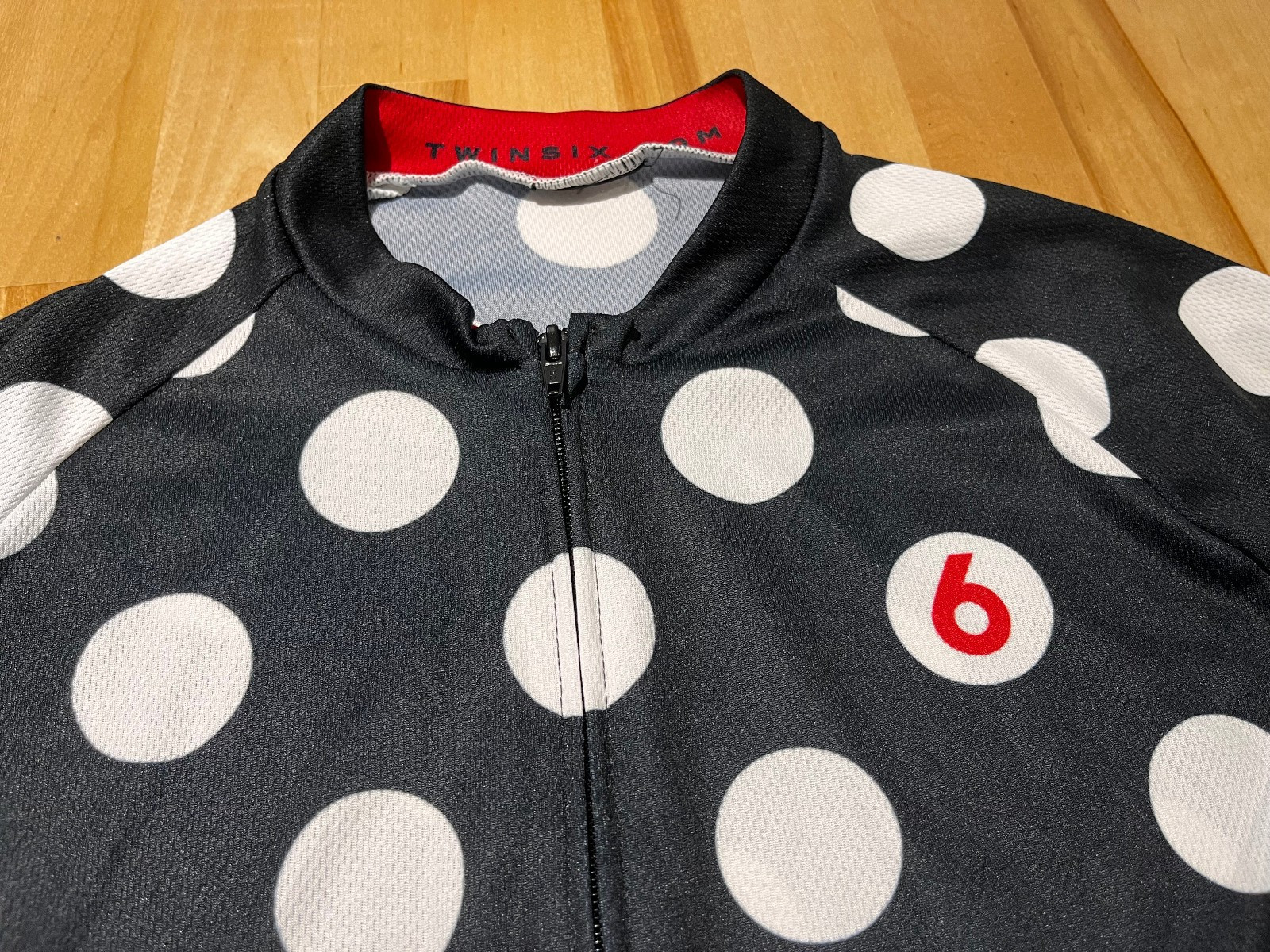 Twin Six Black/White Polka Dots w/ Red Trim Short Sleeve Full Zip Cycling Jersey