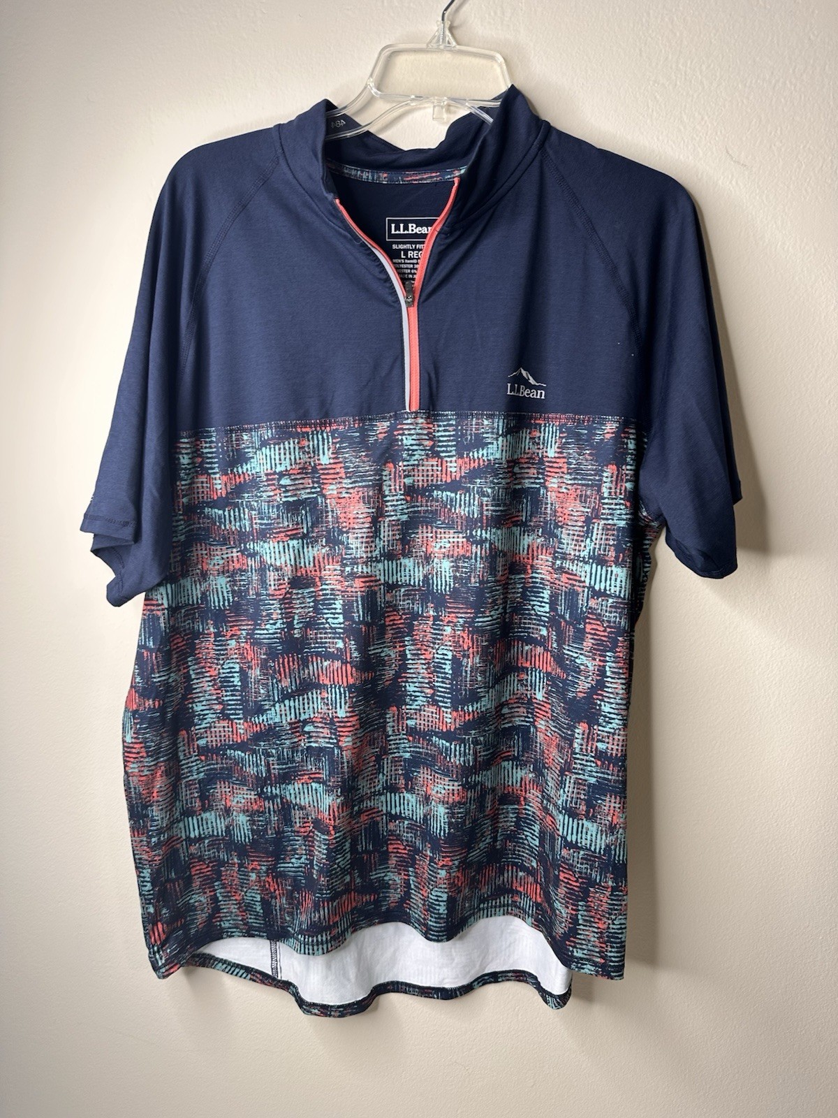 LL Bean Cycling Jersey Mens Large Reg Blue Geometric Comfort Back Zip Pocket
