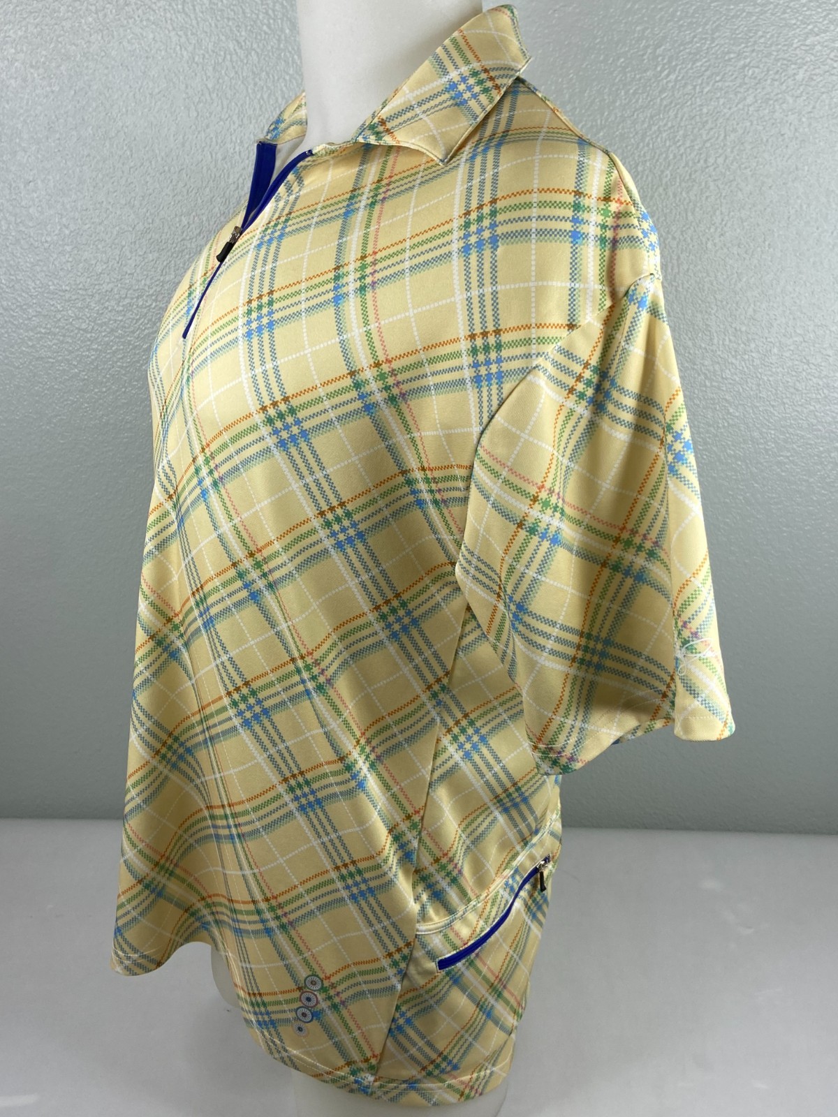 Alexander Julian Men Large Yellow Plaid Cycling Shirt 1/4 Zip Back Pockets
