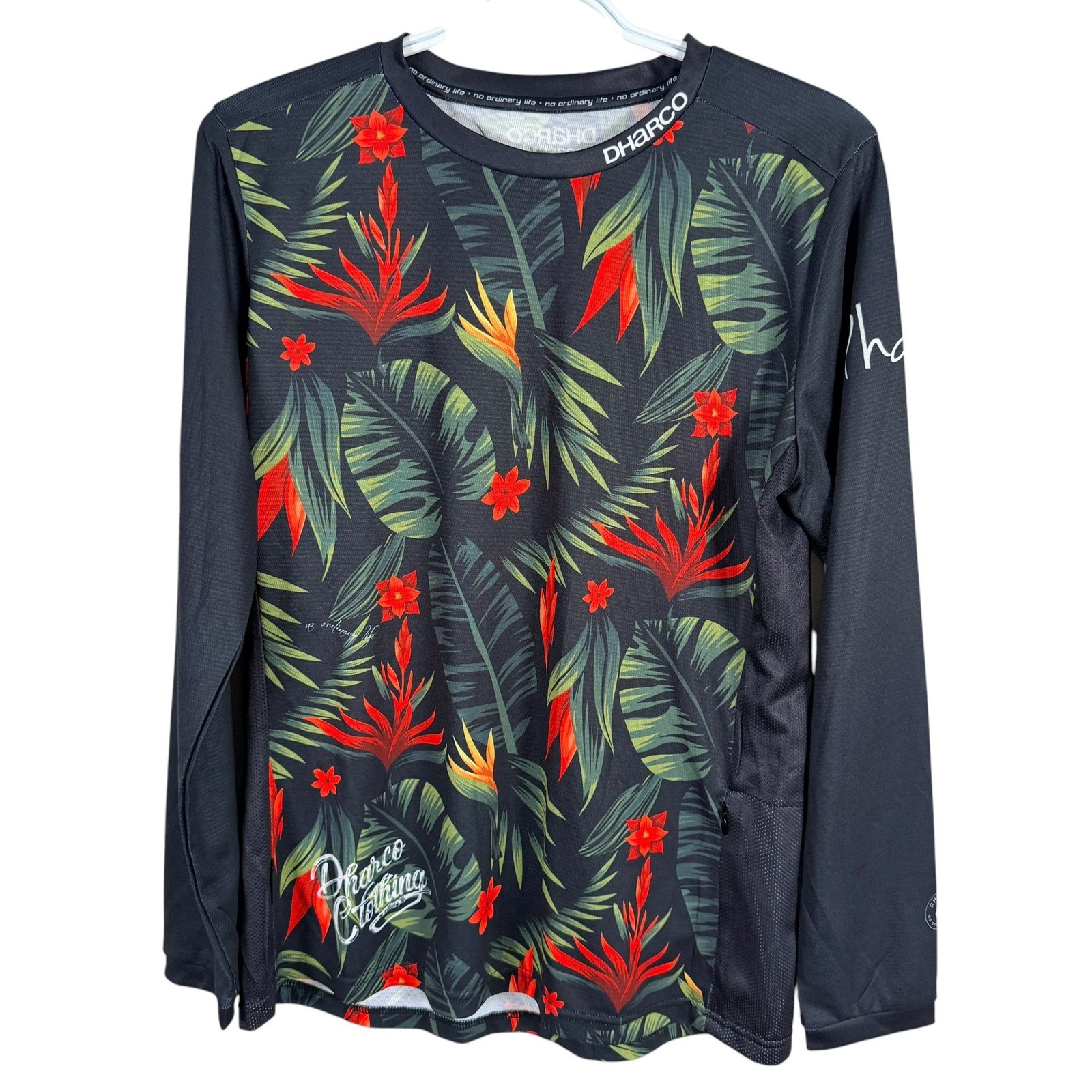 Dharco Mountain Bike Cycling Jersey Mens S Black Tropical Floral Long Sleeve