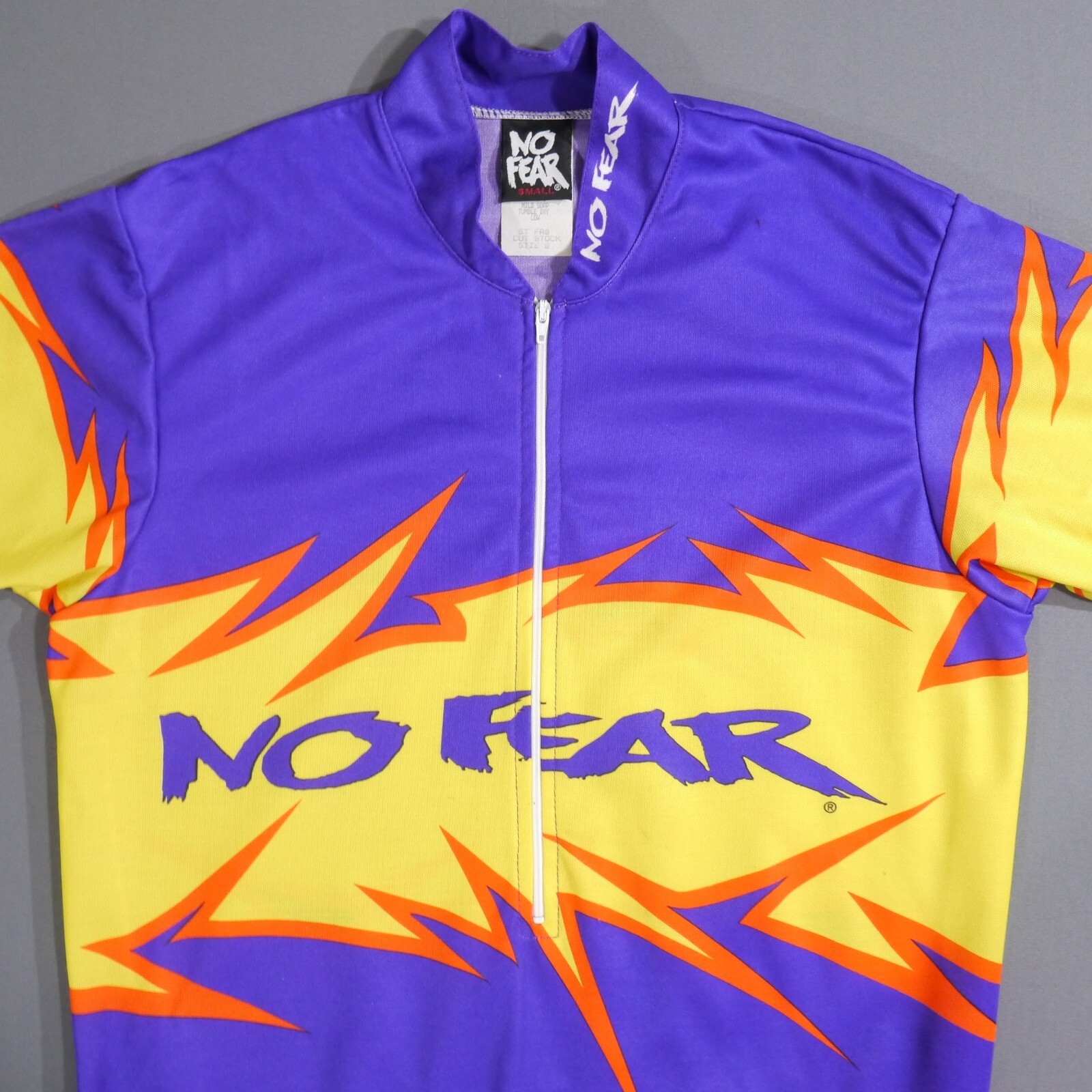 VTG 90’s USA No Fear Cycling Jersey Purple Zip All Over Print Fire Size Small