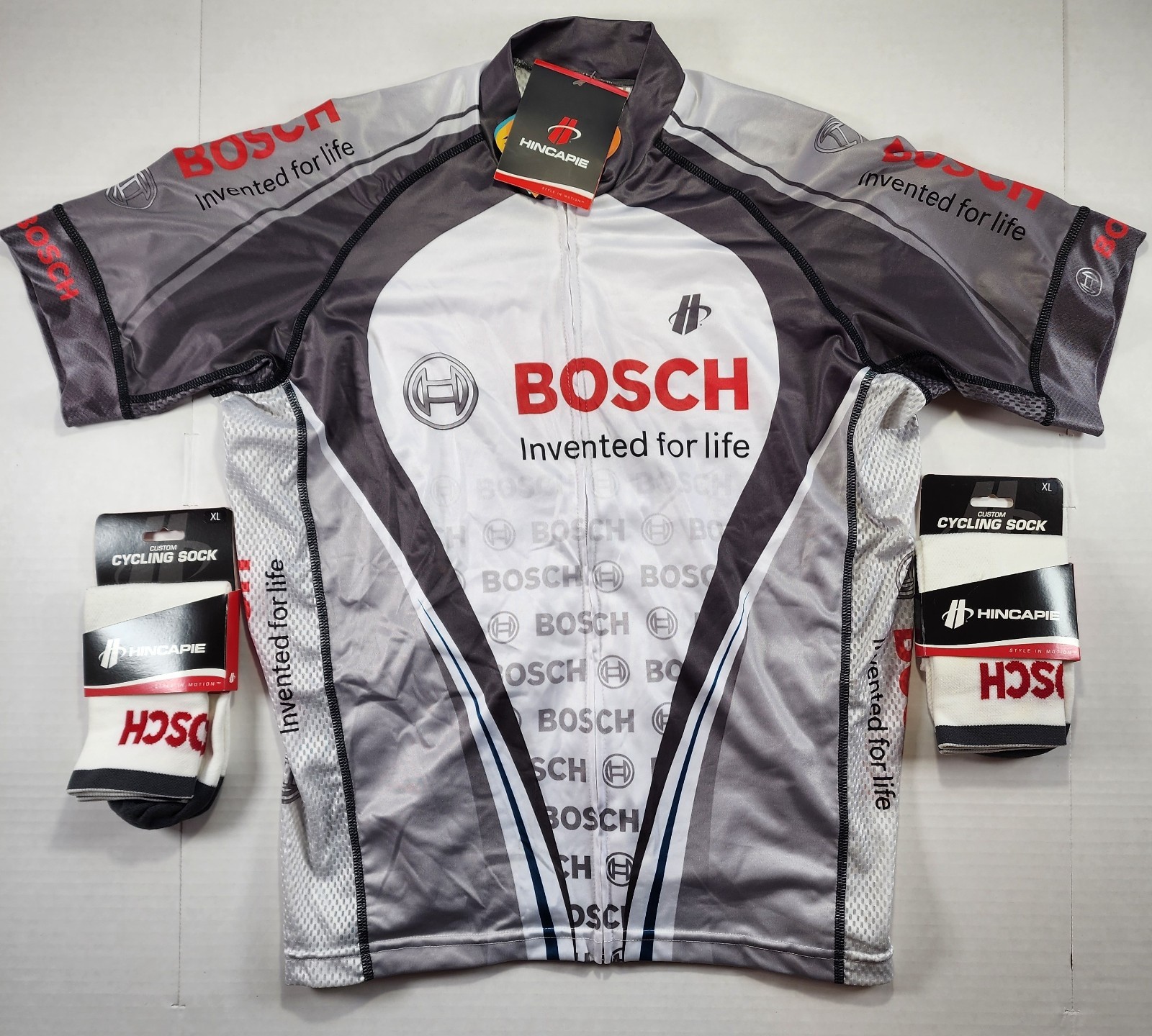 Hincapie Cycling Jersey Mens XL Gray White Graphic Athletic Race Fit Socks Bosch