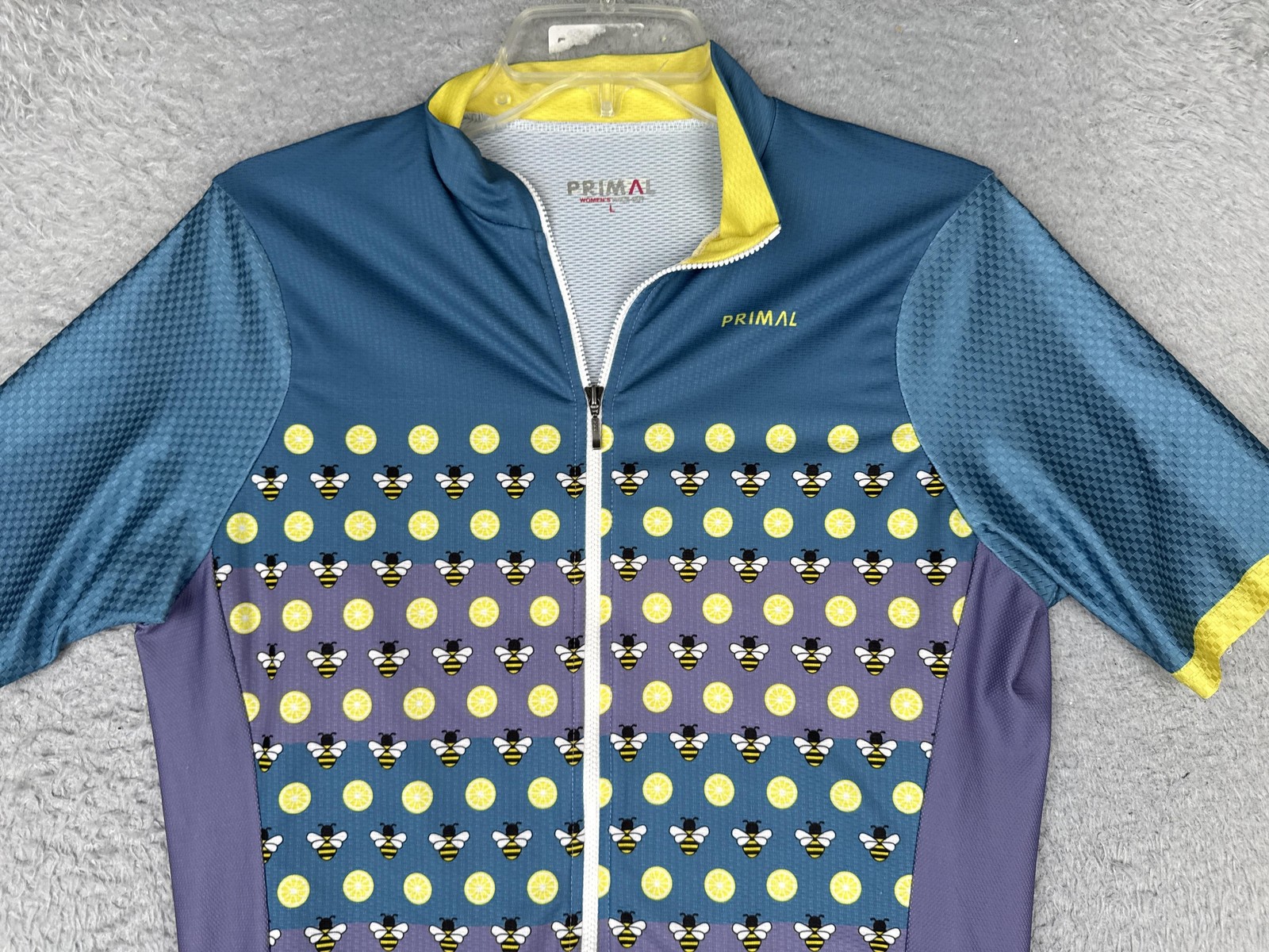 Primal Cycling Jersey Womens Large Blue Bee Lemon Graphic Full Zip Pockets Bike