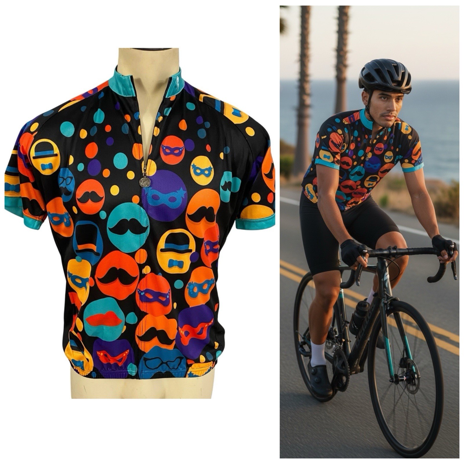Ilpaladino Cycling Jersey Womens XL Mustache Hat Full Zip Pockets Short Sleeve