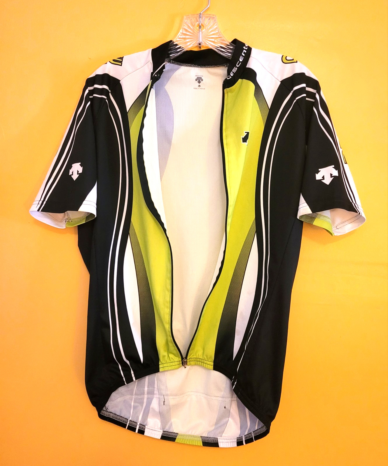 Descente Cycling Jersey Large Full Zip Rear Pockets Grn Blk Wht Free Shipping