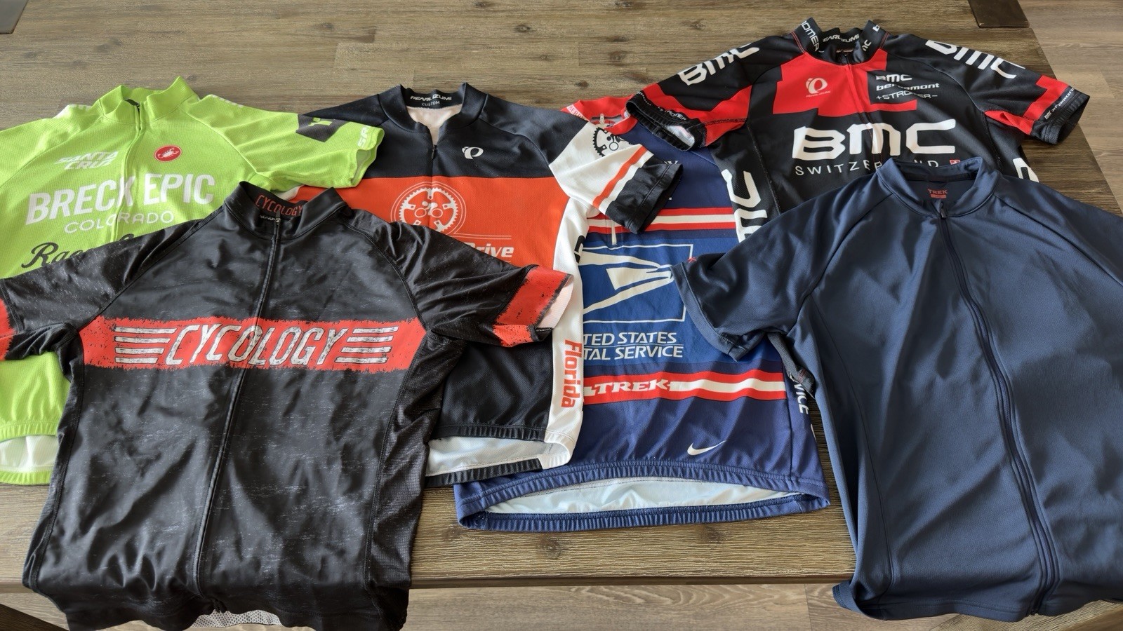Men’s Cycling Jerseys Size LARGE, Lot Of 6: USPS, BMC,Castelli, Cycology, Trek
