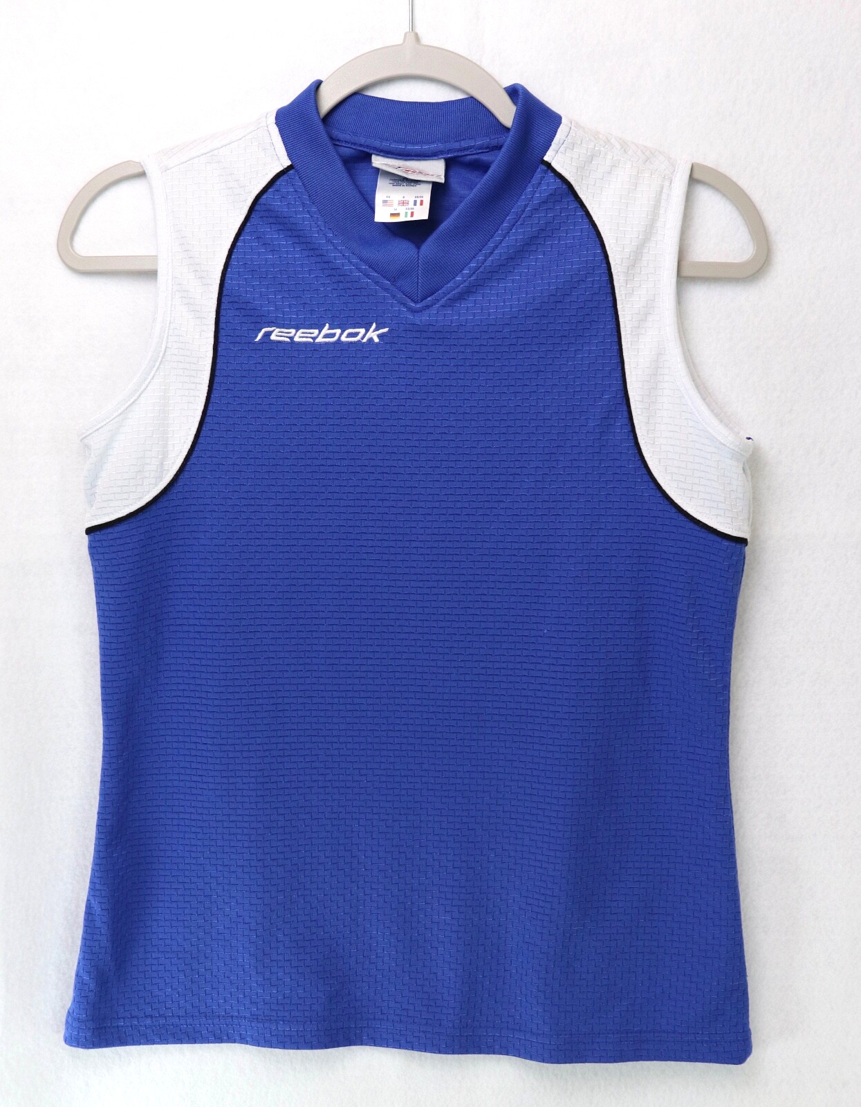 Sleeveless Tank Top Blue White Reebok Womens XS Athletic Mesh Workout Gym