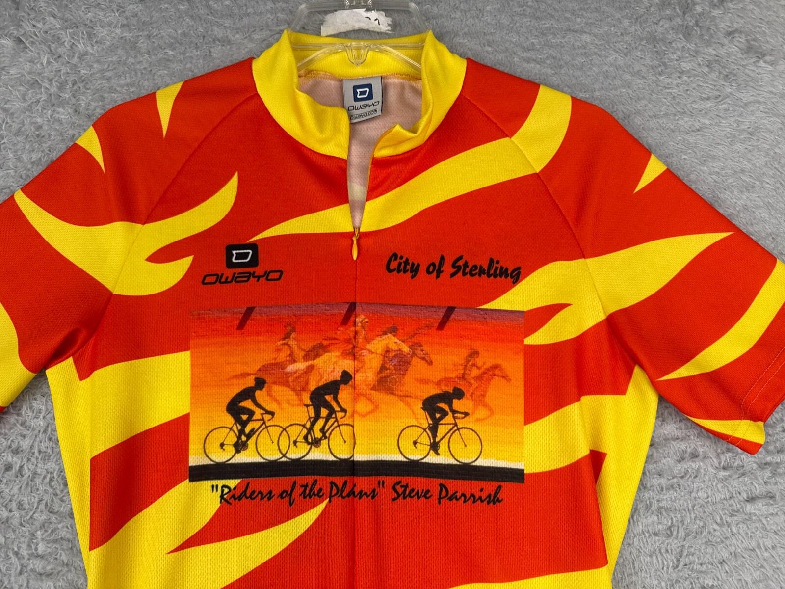 Owayo Cycling Jersey Men Medium Red Yellow Tiger Stripe 1/2 Zip City Of Sterling
