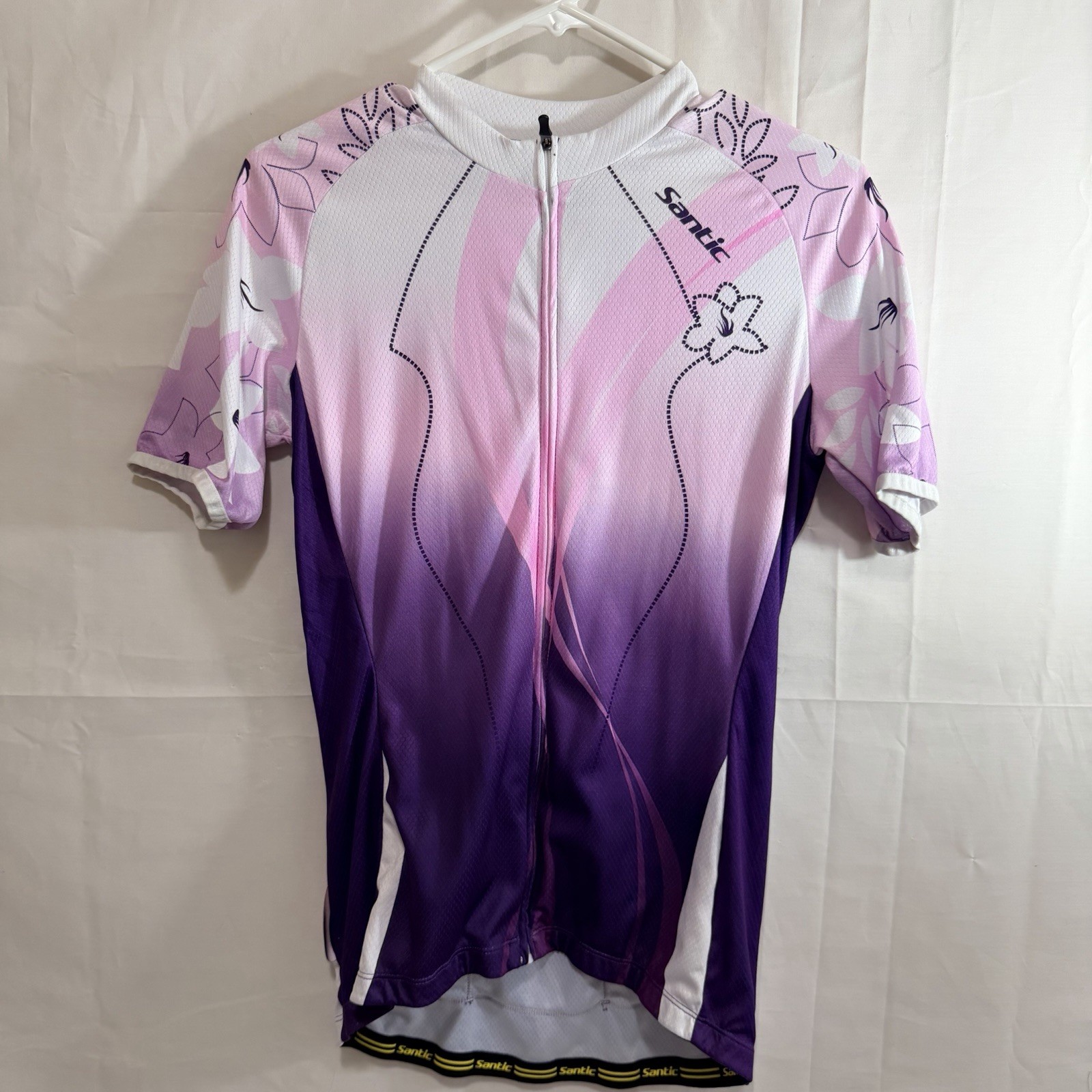 Santic Cycling Jersey Womens Med Pink Purple Floral Full Zip Pockets Top