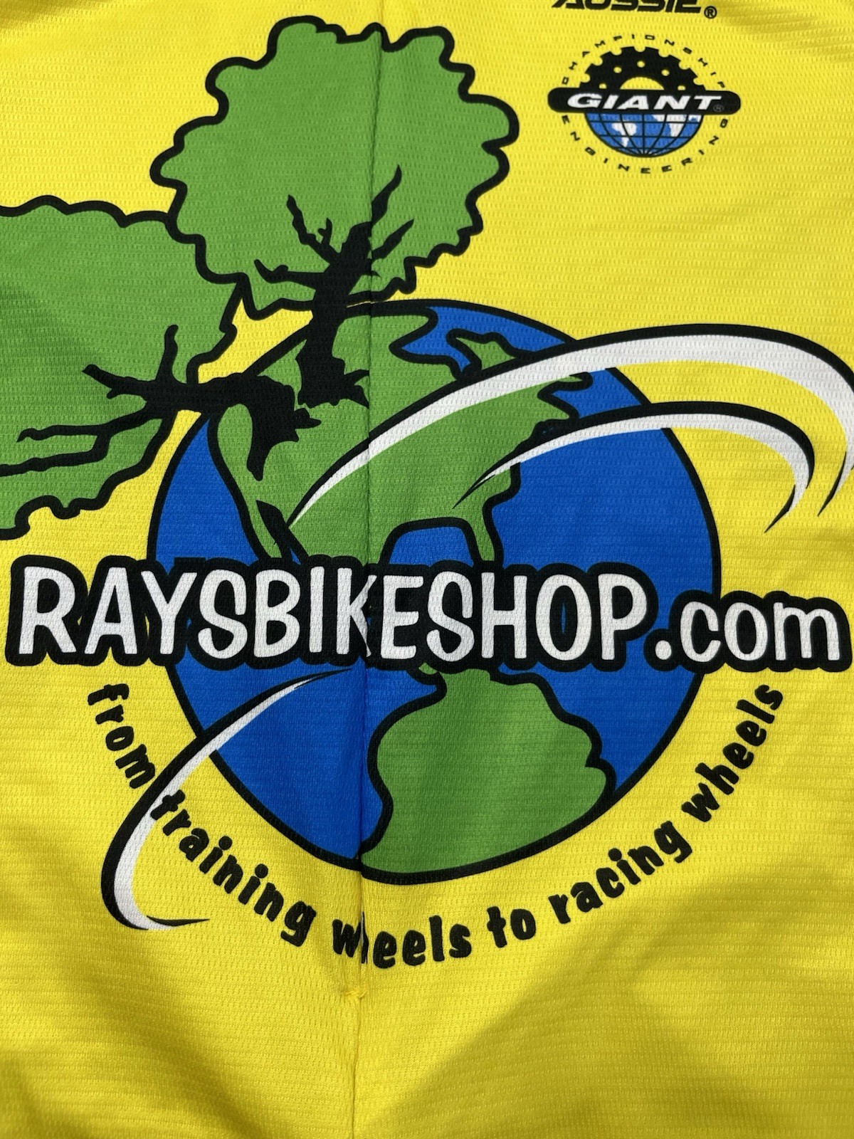 VTG Aussie Cycling Jersey Men Medium Yellow Rays Bike Shop Logo Back Pockets