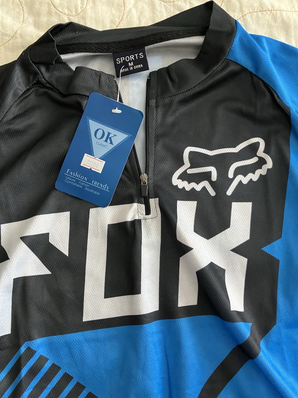 Fox Bike By Sports Cycling Shirt Zip Front Size Medium Blue White Pocket Back