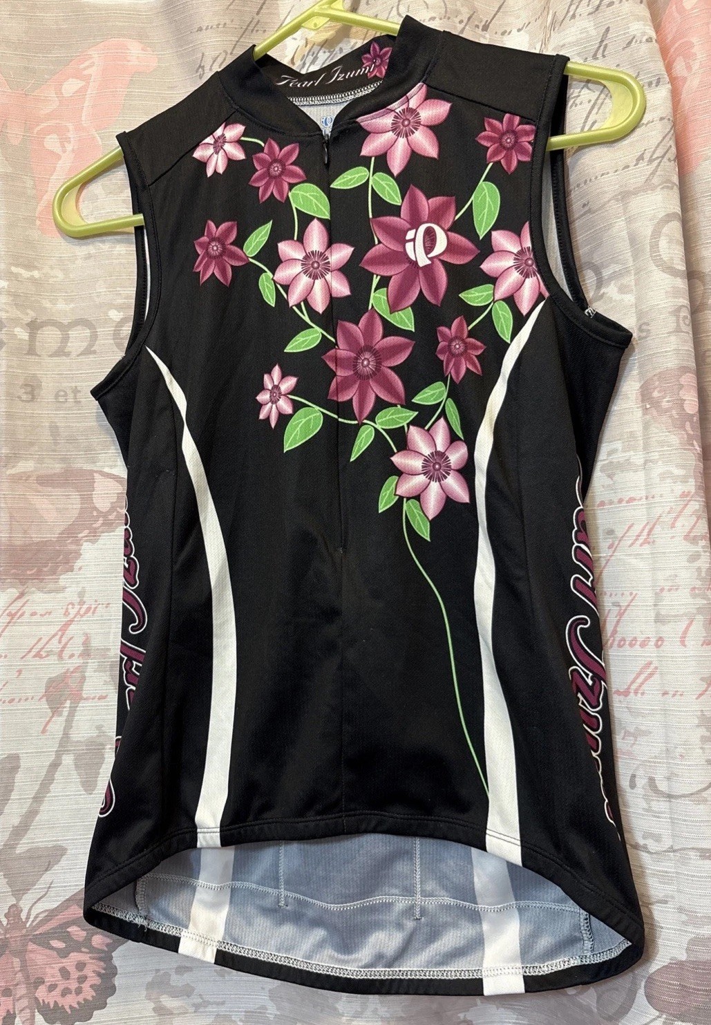 PEARL IZUMI Sz Small Cycling Shirt Sleeveless Black Floral Print 3/4 Zipper