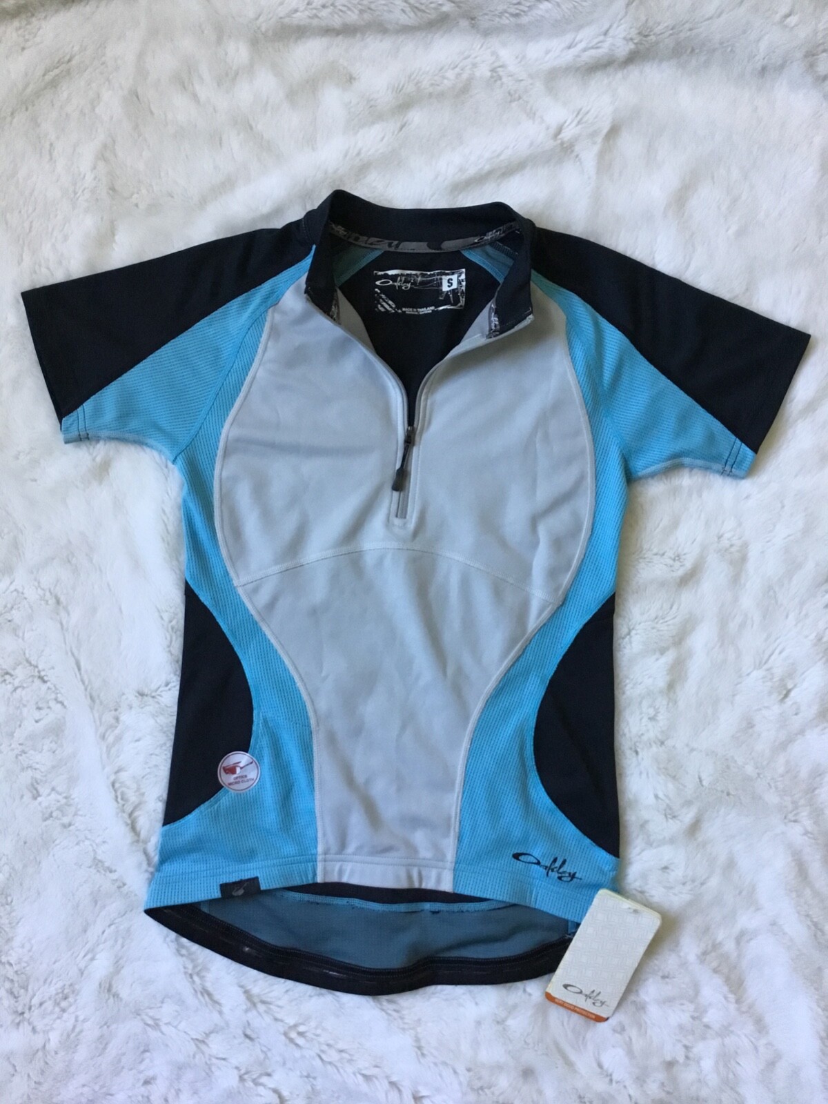 New Oakley Womens Cycling Jersey Small Short Sleeve Blue Black Gray 2 Pocket