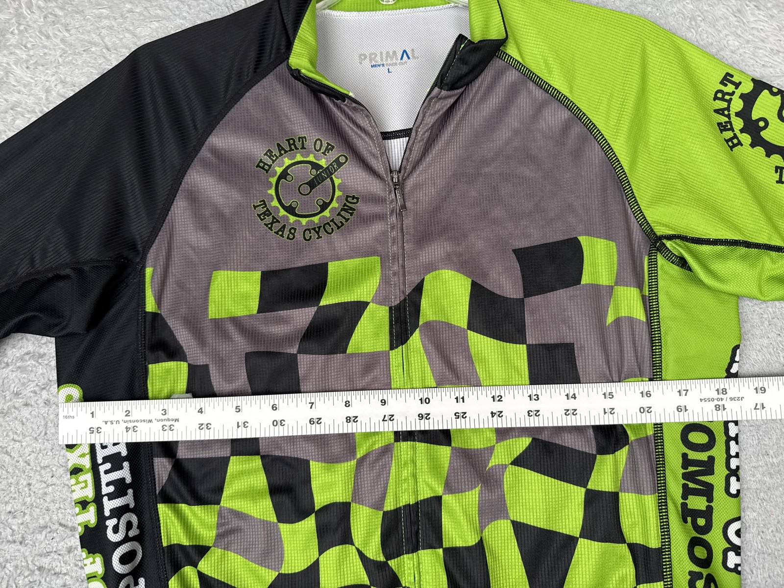 Primal Cycling Jersey Mens Large Green Black Check Graphic 1/4 Zip Pockets Bike