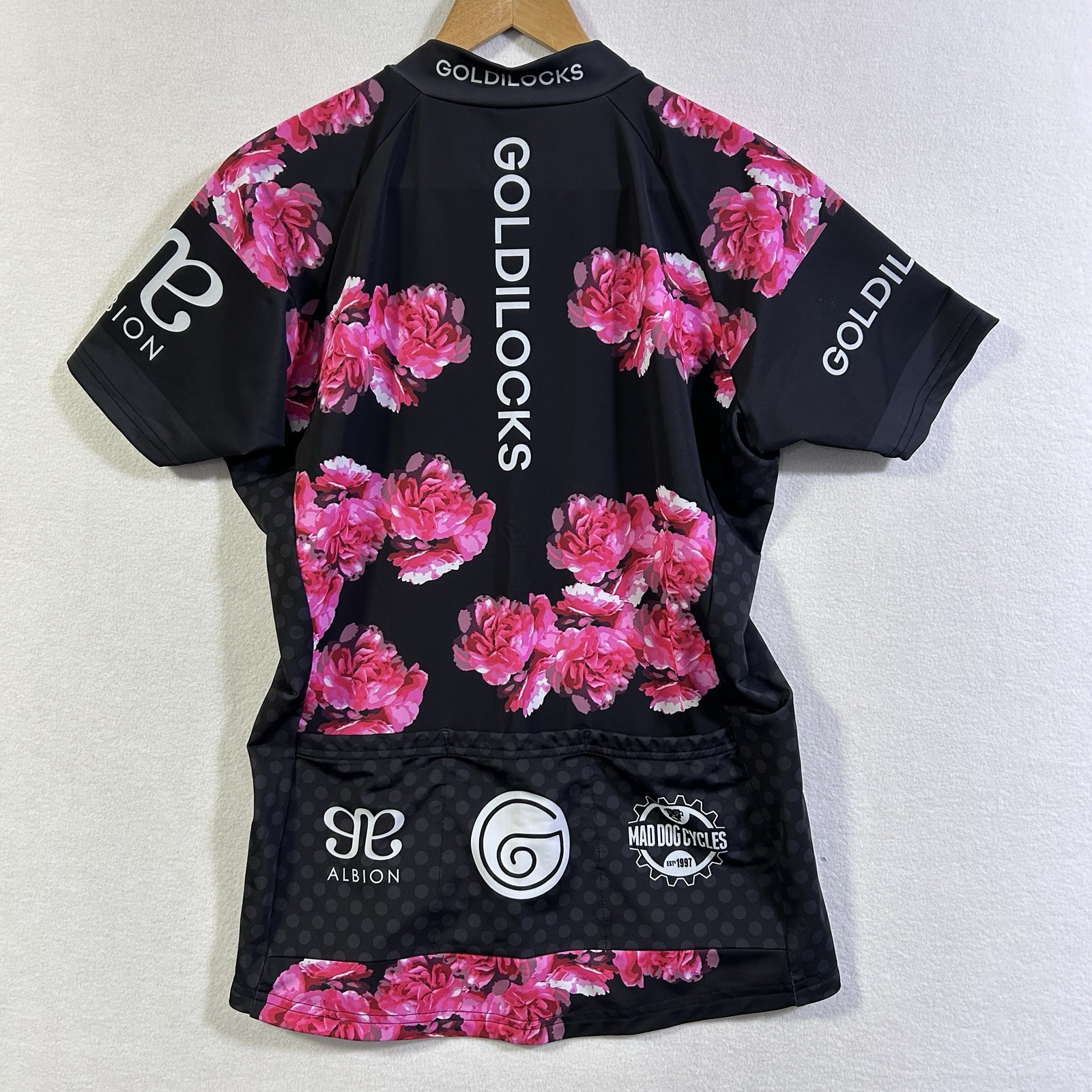 Albion Cycling Jersey Womens L Pink Black Floral Nylon Goldilocks Utah Full Zip