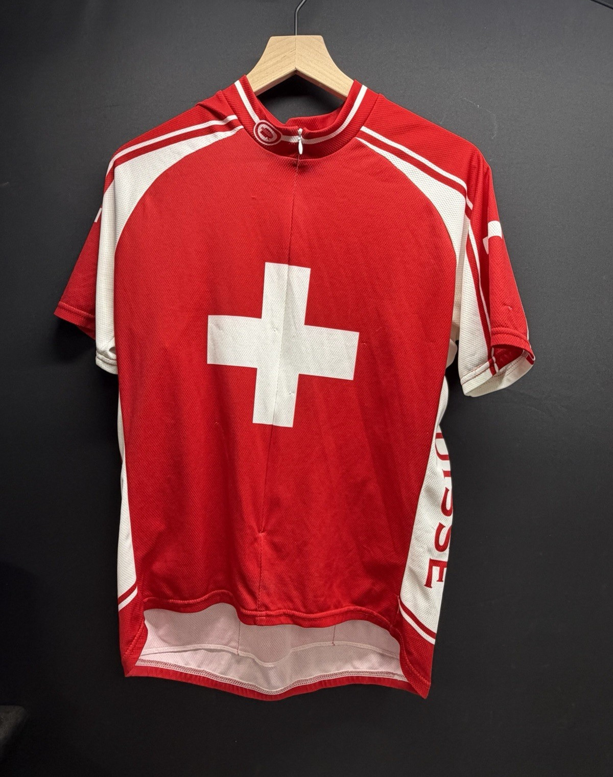 Vintage Suisse Switzerland Cycling Jersey Red White Cross Bike Shirt Size XL