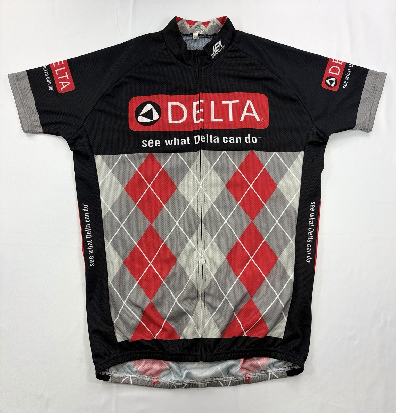 JEK Sports Delta Cycling Jersey Men’s XXL Black Red Argyle Full Zip Short Sleeve