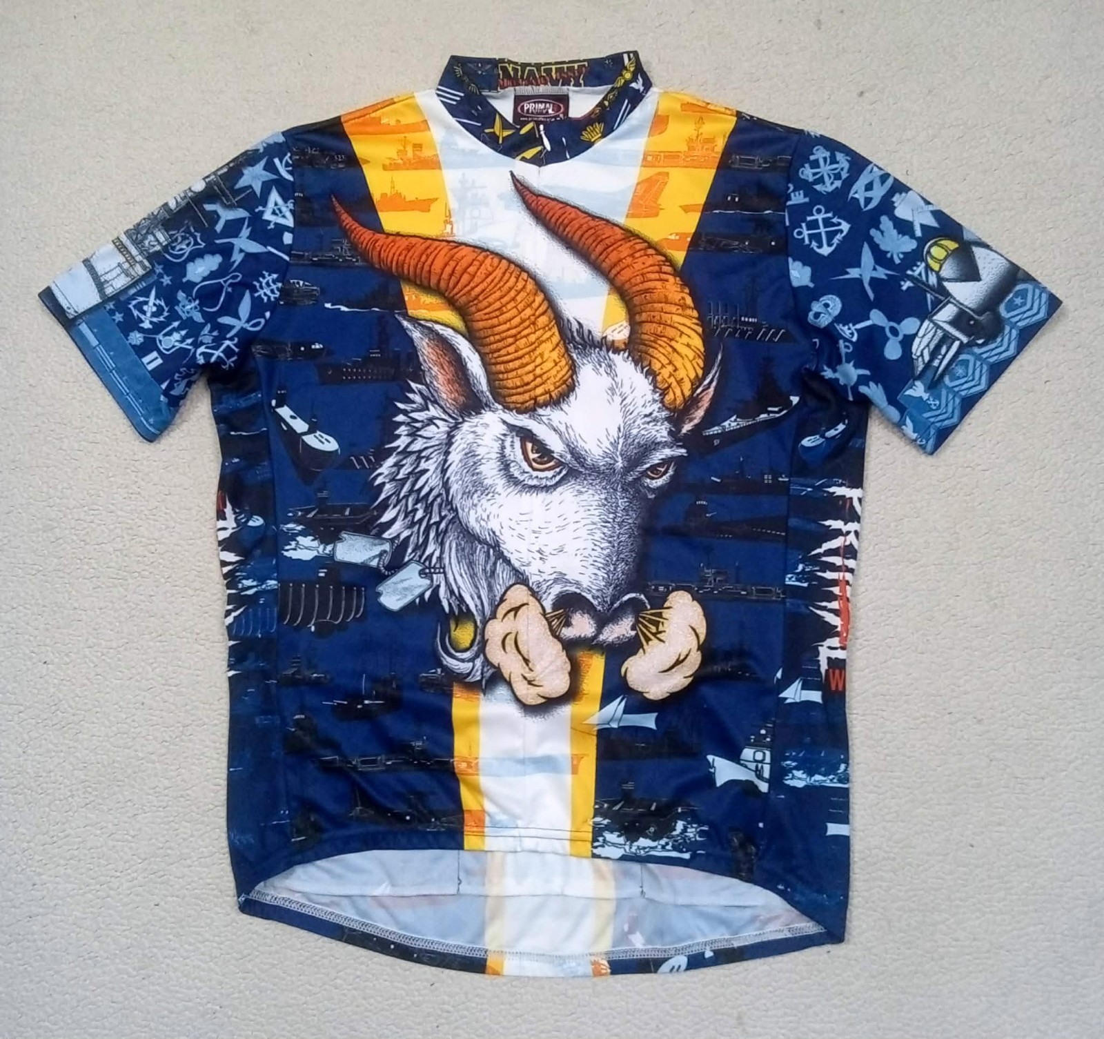 RARE VTG 90s Primal Wear USA Navy Pride Bill the Goat Cycling Jersey (Fits 2XL)