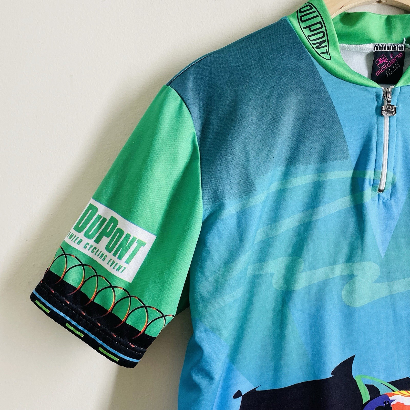 Giordana DuPont Cycling Jersey mMen’s L Blue Green Shark 1/4 Zip Race Bike USA