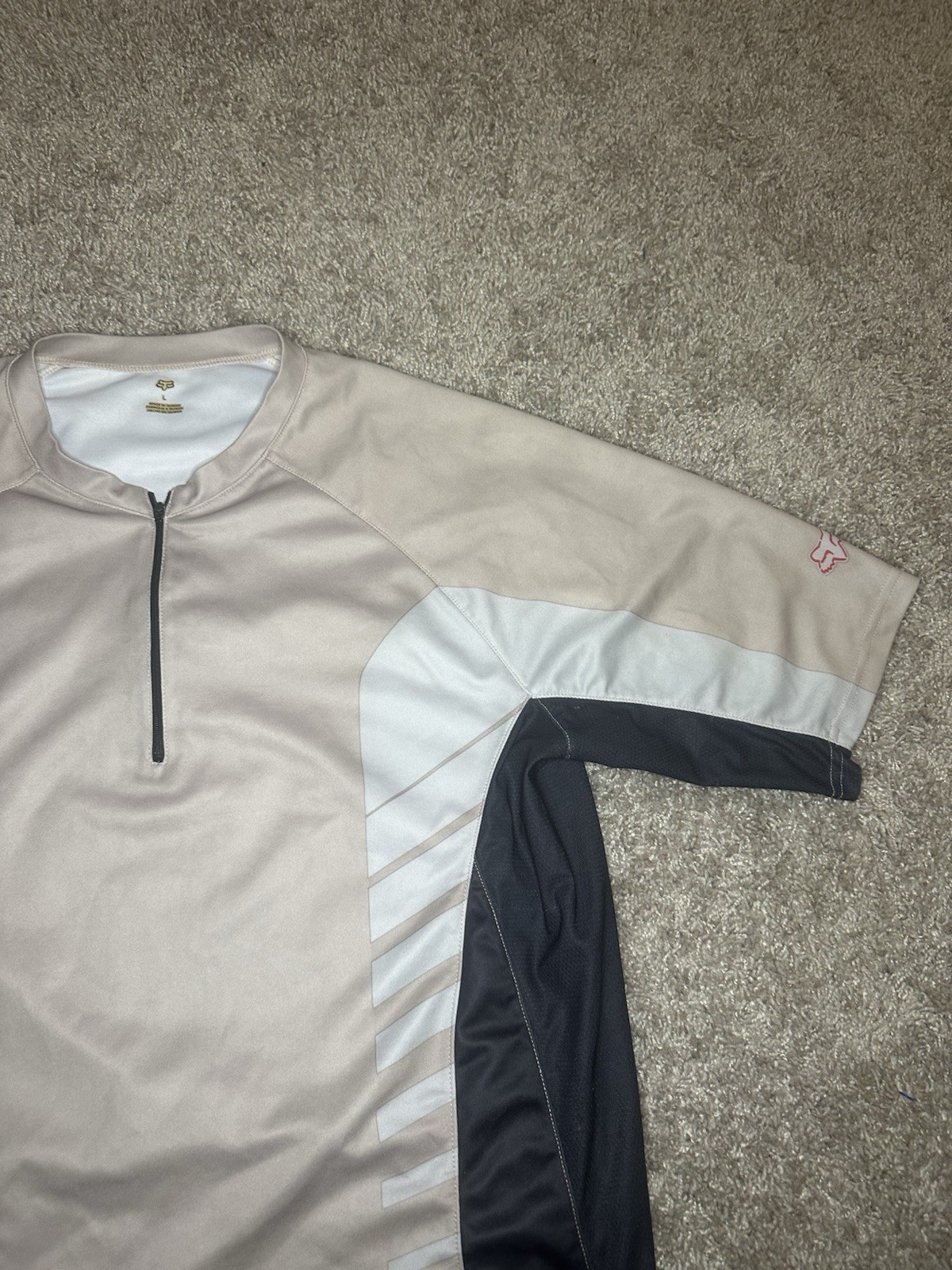 Vintage Fox Racing Cycling Jersey Mens L Tan Grey White 1/4 Zip Rear Pocket