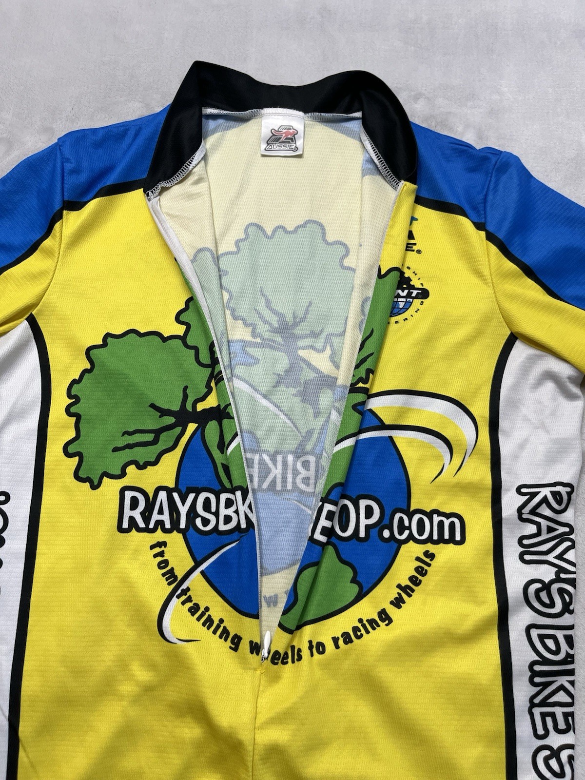 VTG Aussie Cycling Jersey Men Medium Yellow Rays Bike Shop Logo Back Pockets