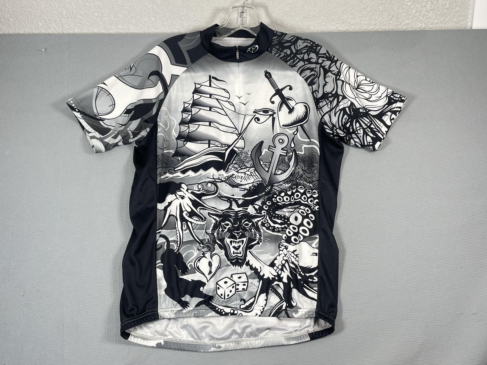 Primal Cycling Jersey Shirt Mens Large Black Zip Tattoo Nautical Skull Graphic