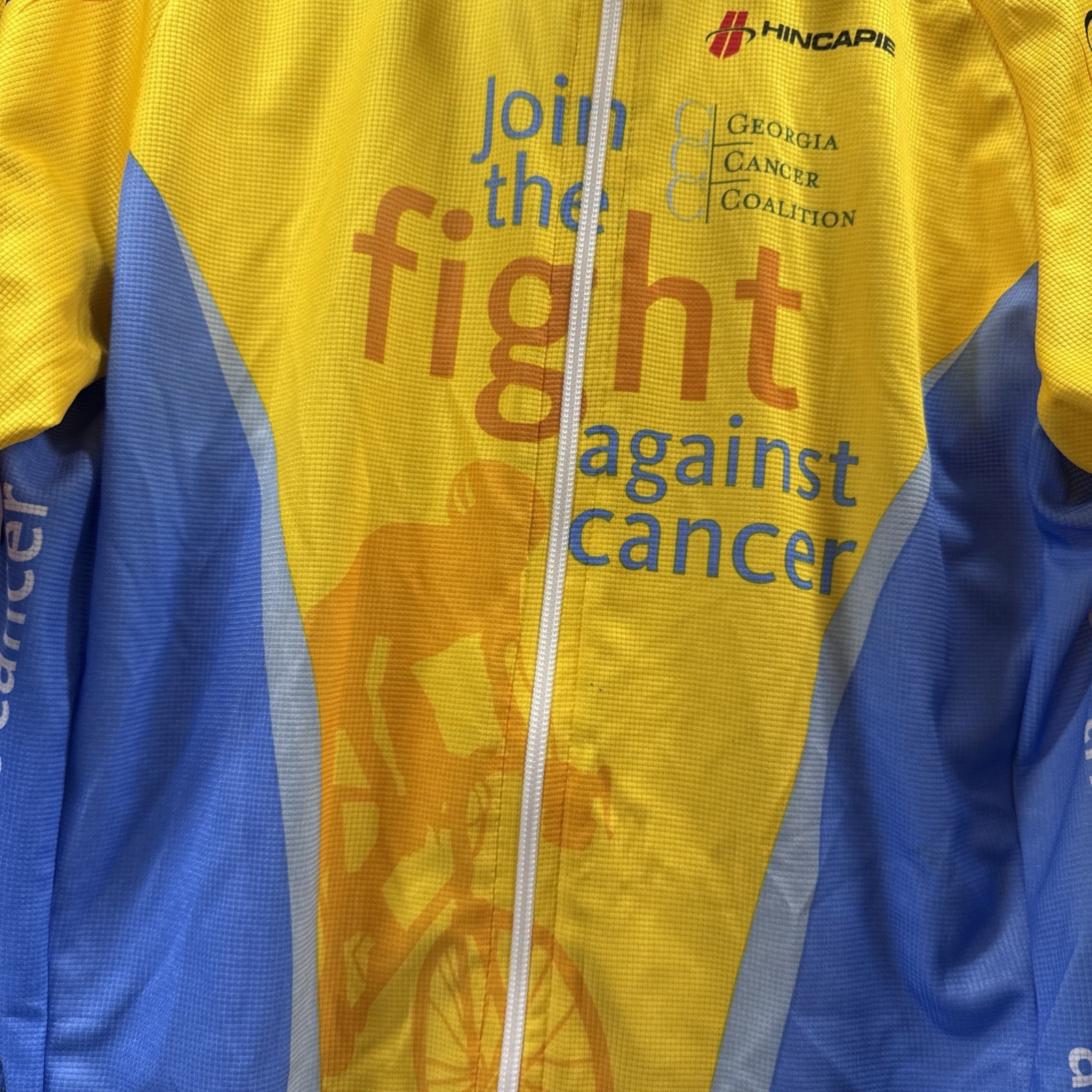 HINCAPIE Cycling Jersey Men’s XL Full Zip Yellow Blue Short Sleeve Fight Cancer