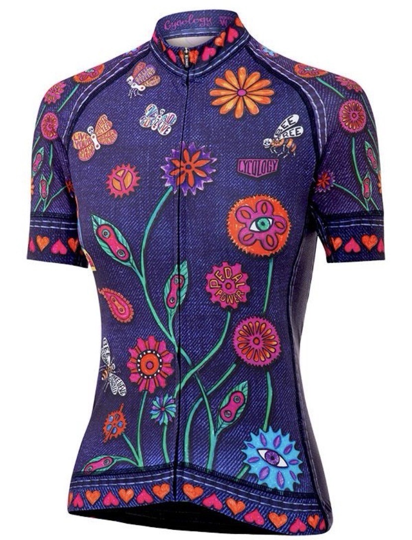 Cycology Cycling Women’s Boho Denim Short Sleeve Bike Top XL Multicolor Flowers