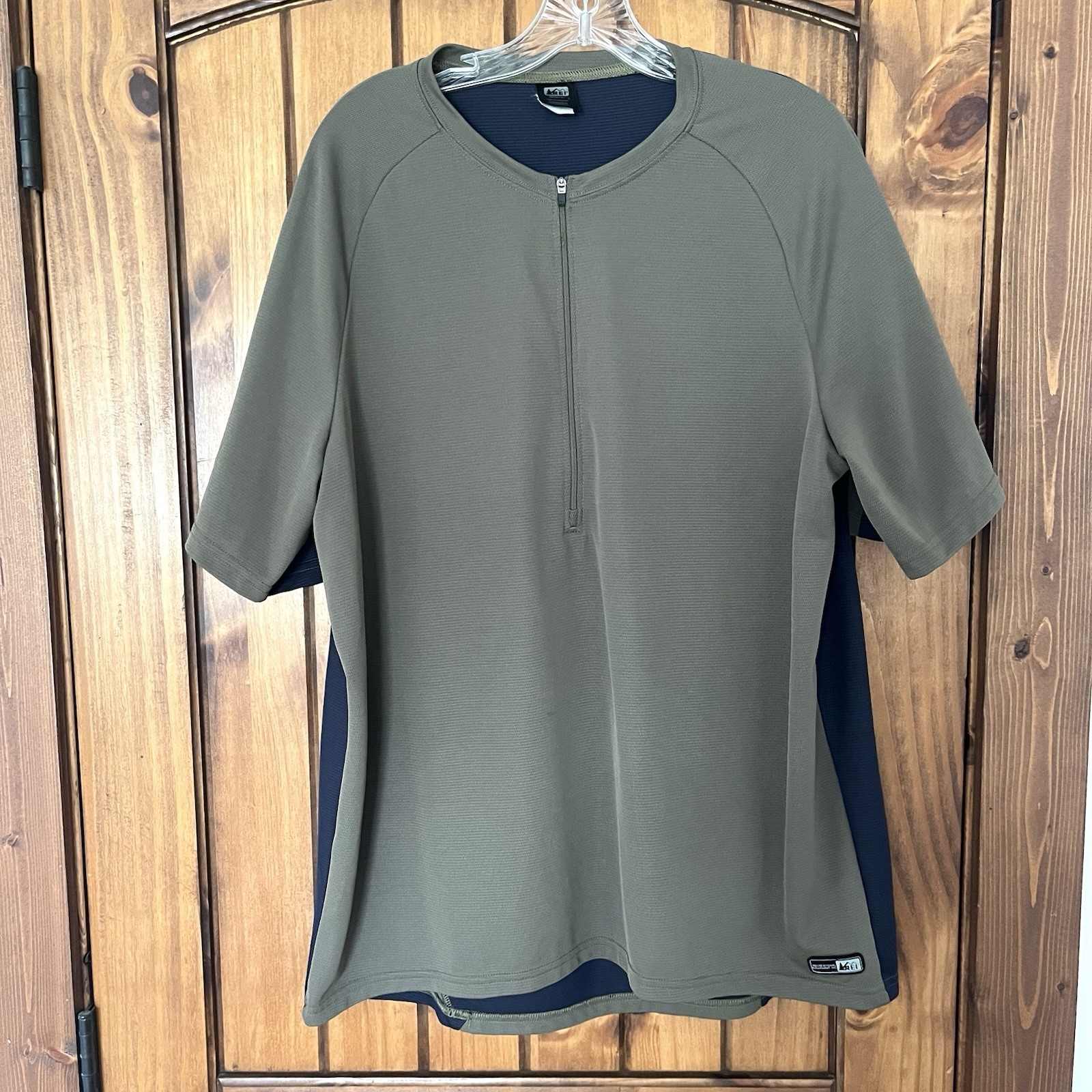 REI Co Op Cycling Jersey Half Zip Men XL Short Sleeve Back Zip Pocket Olive Blue