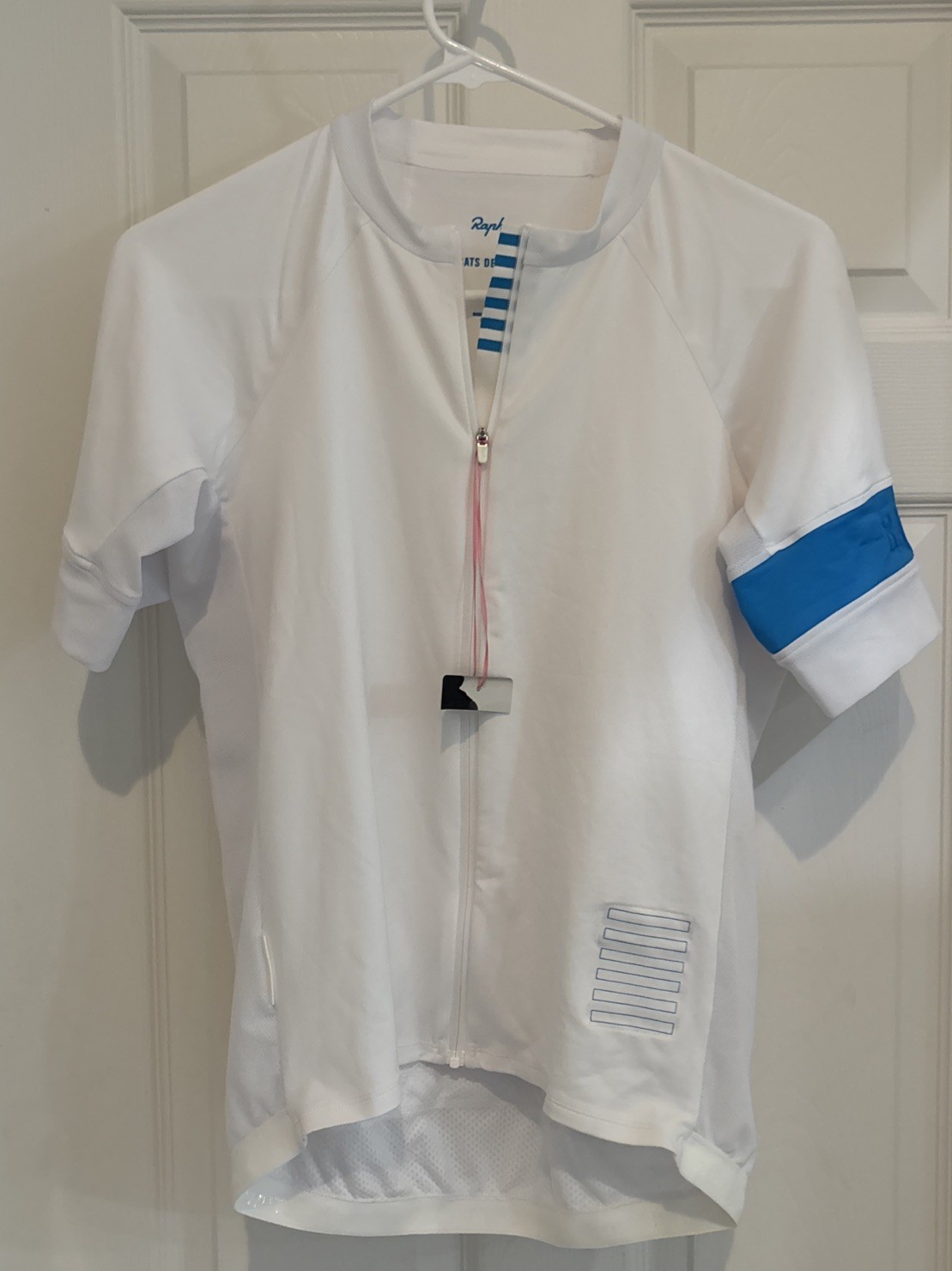 Rapha Women’s White Pro Team Short Sleeve Aero Jersey Size L Blue Detailing NWT