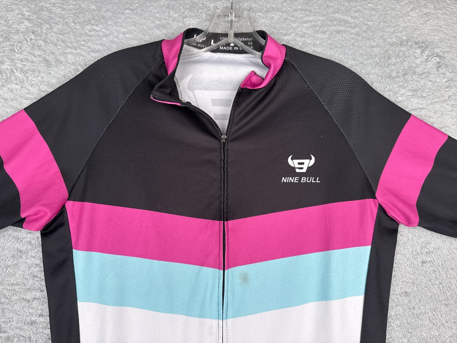 Nine Bull Cycling Jersey Adult Large Pink Black Blue Full Zip Short Sleeve Poly