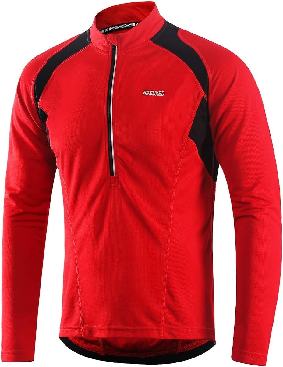 High Neck Long Sleeve Cycling Jersey for Men – Lightweight with 4 Pockets in Red