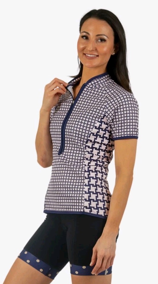 Shebeest Dog’s Tooth Bellissima Jersey Blue Cycling Bike Active Womans Sz M NWT