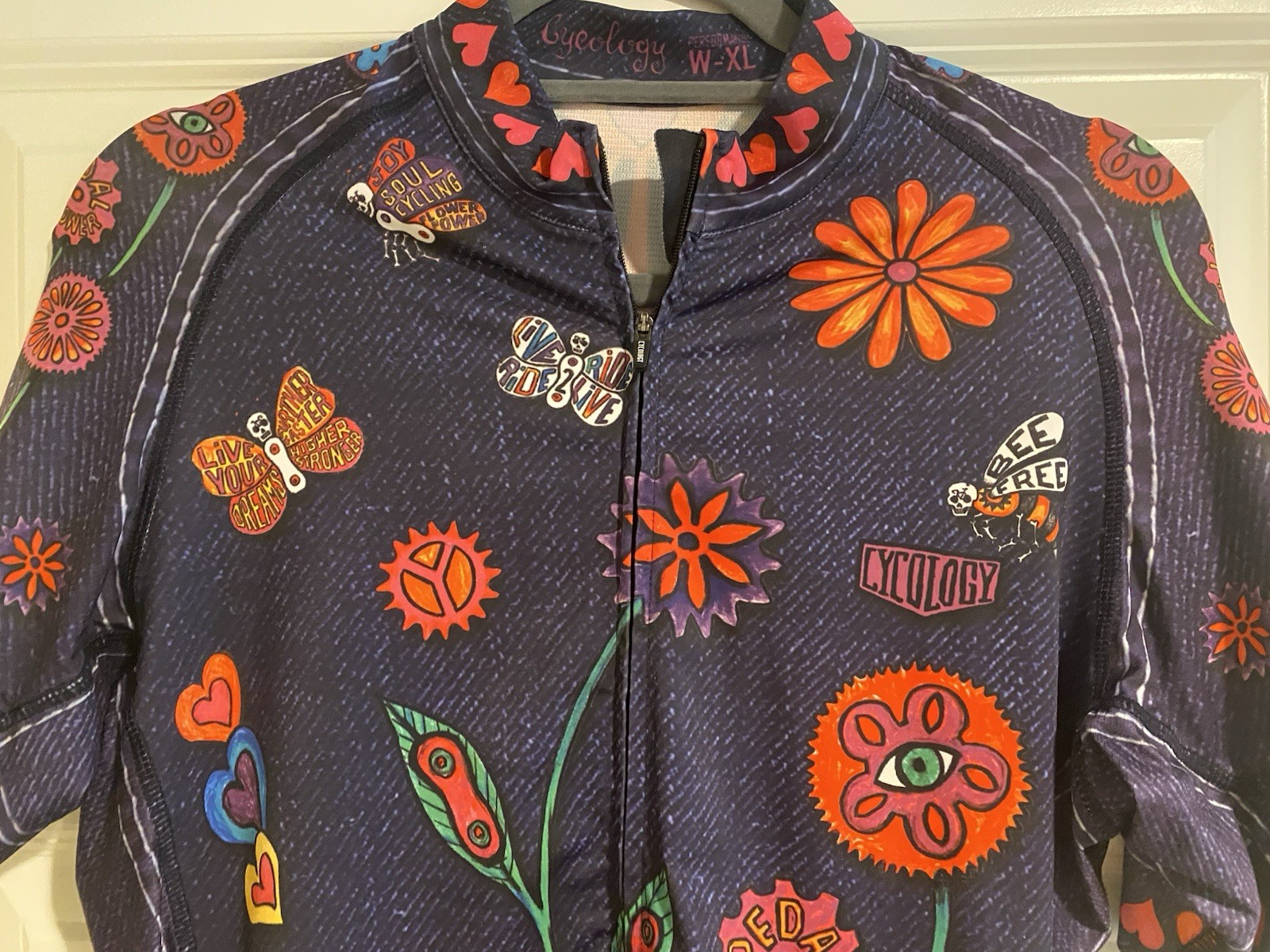 Cycology Cycling Women’s Boho Denim Short Sleeve Bike Top XL Multicolor Flowers
