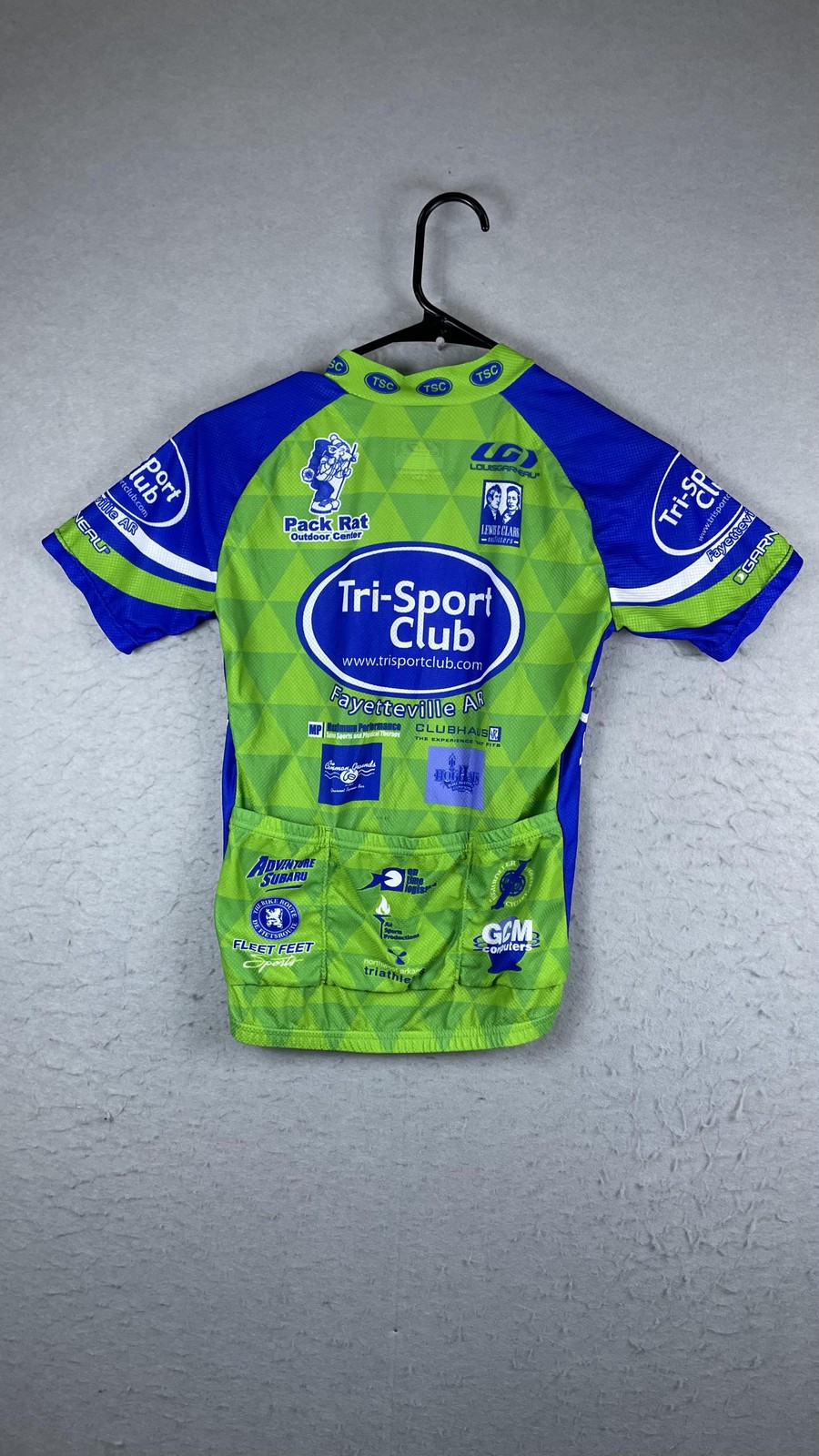 Louis Garneau Tri-Sport Club Fayetteville Cycling Jersey Mens XS Green USA Made